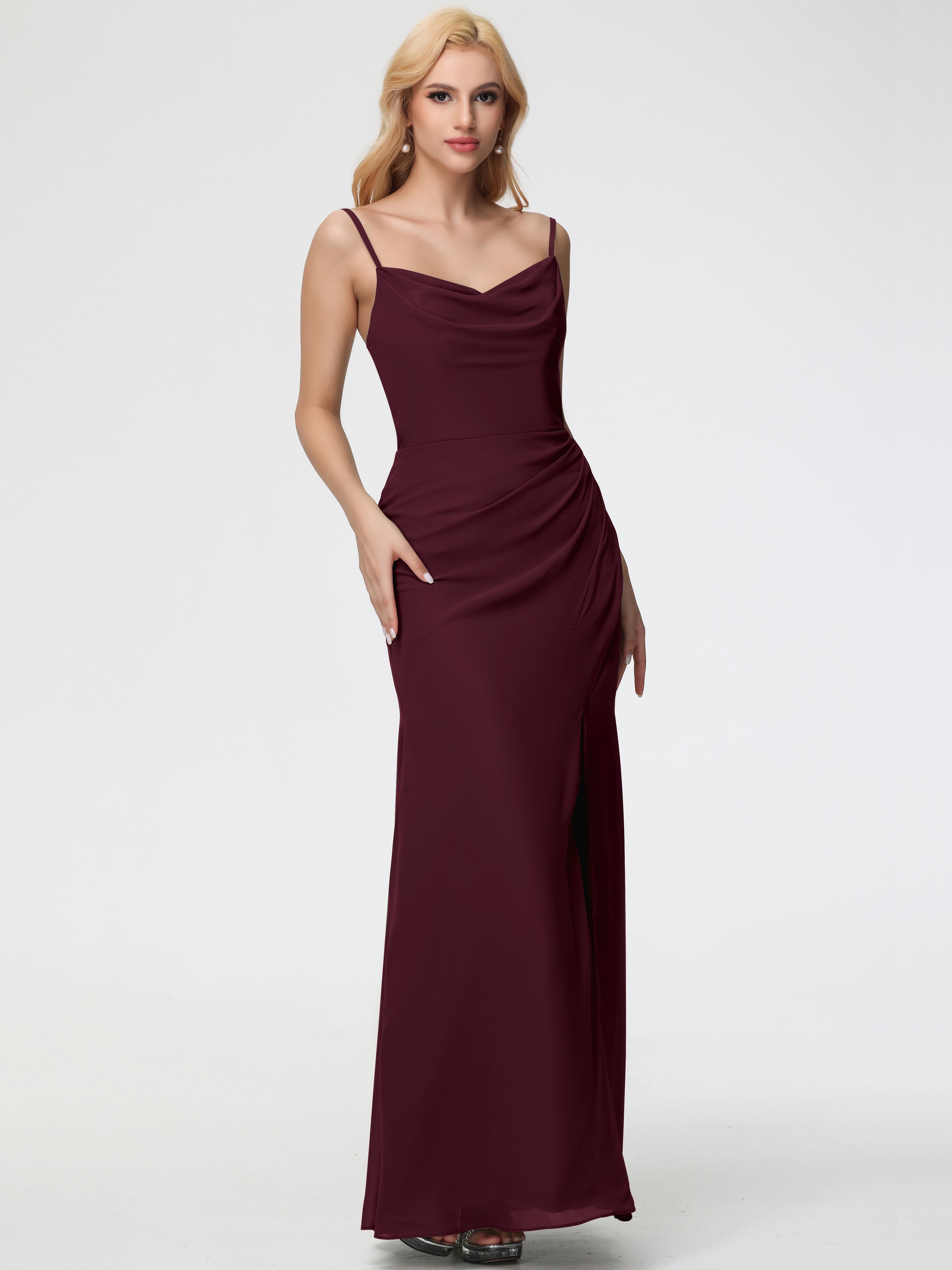 Cowl Sheath/Column Spaghetti Straps Chiffon Bridesmaid Dresses