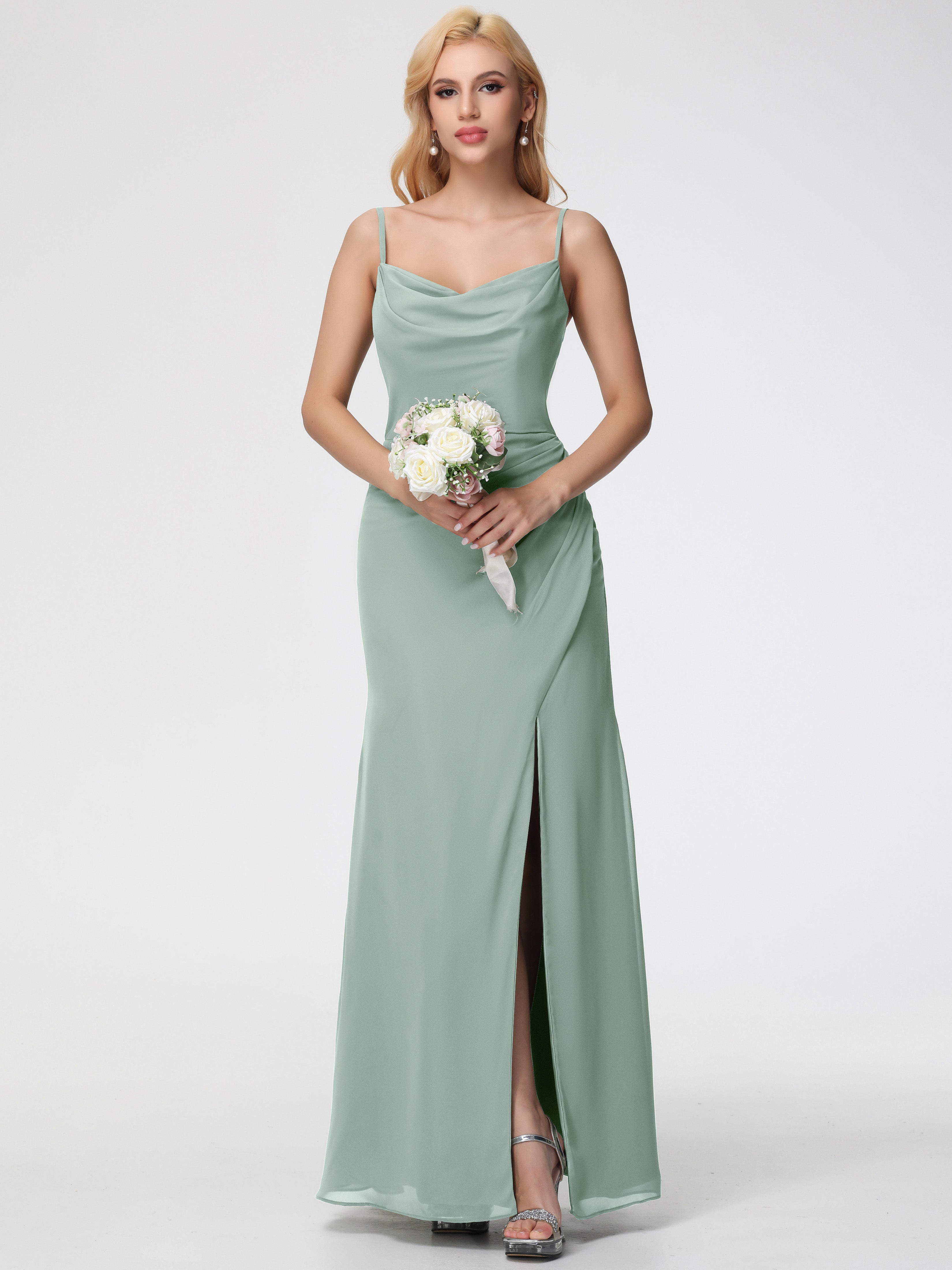 Cowl Sheath/Column Spaghetti Straps Chiffon Bridesmaid Dresses