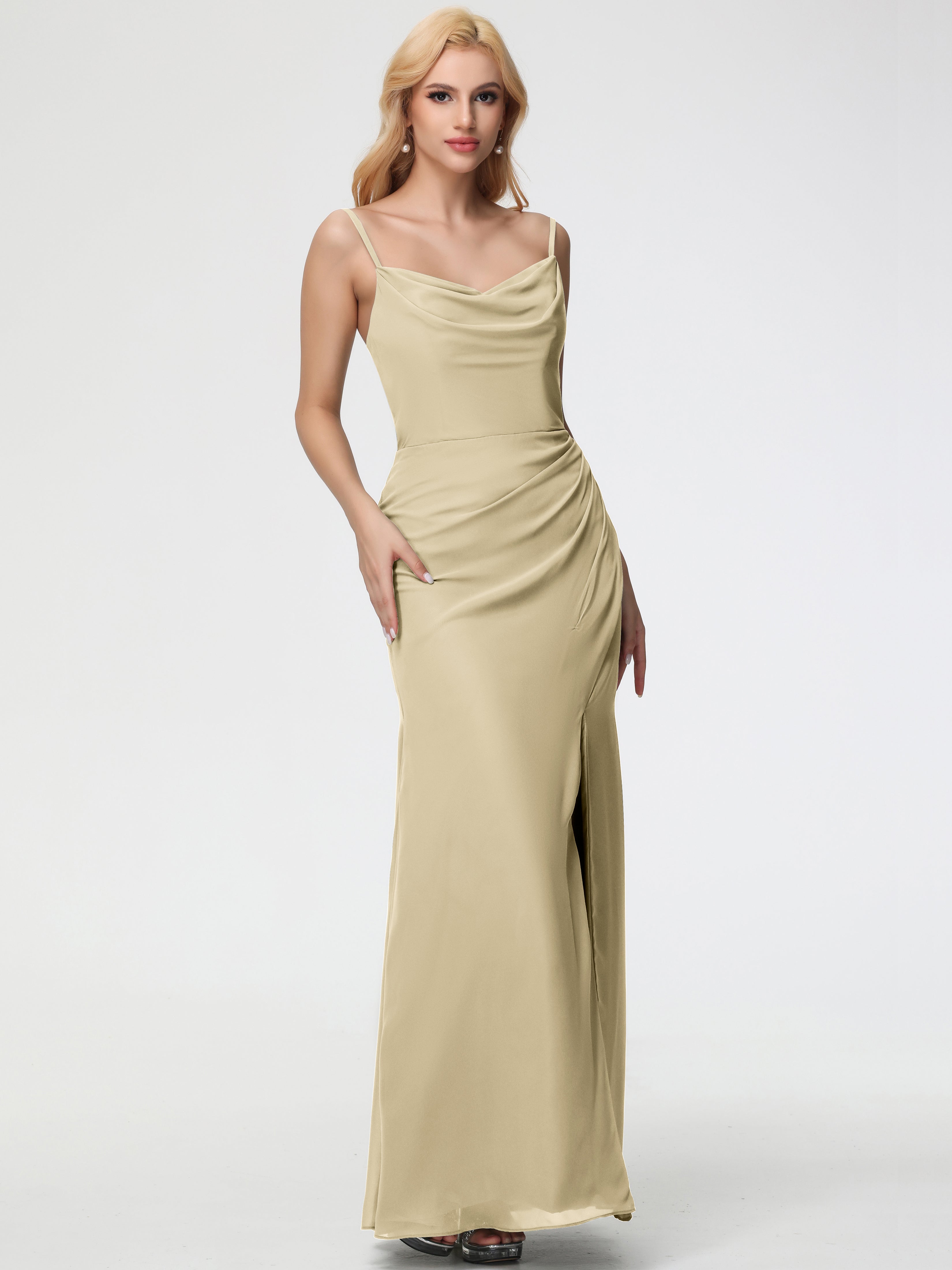 Cowl Sheath/Column Spaghetti Straps Chiffon Bridesmaid Dresses