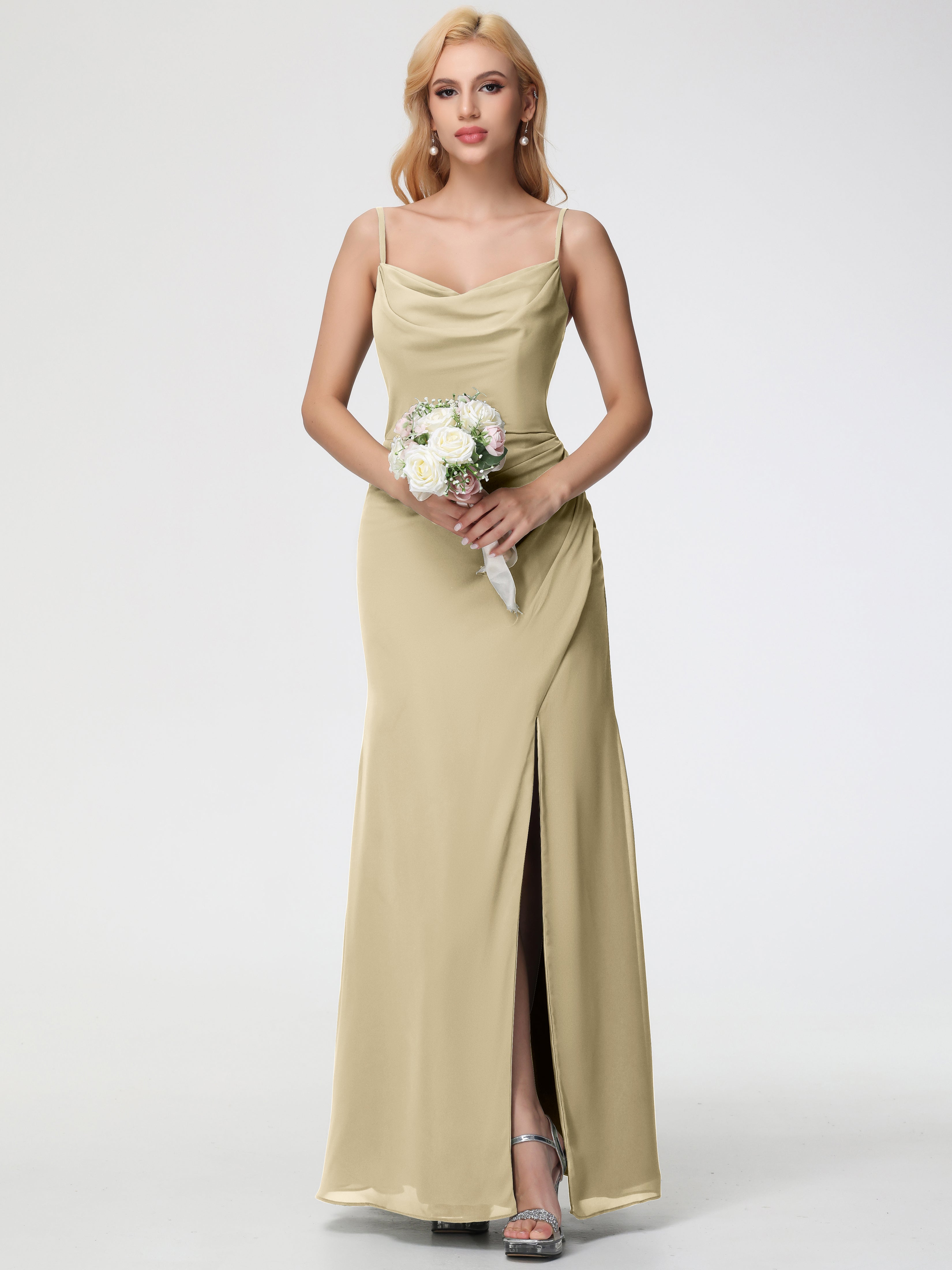 Cowl Sheath/Column Spaghetti Straps Chiffon Bridesmaid Dresses