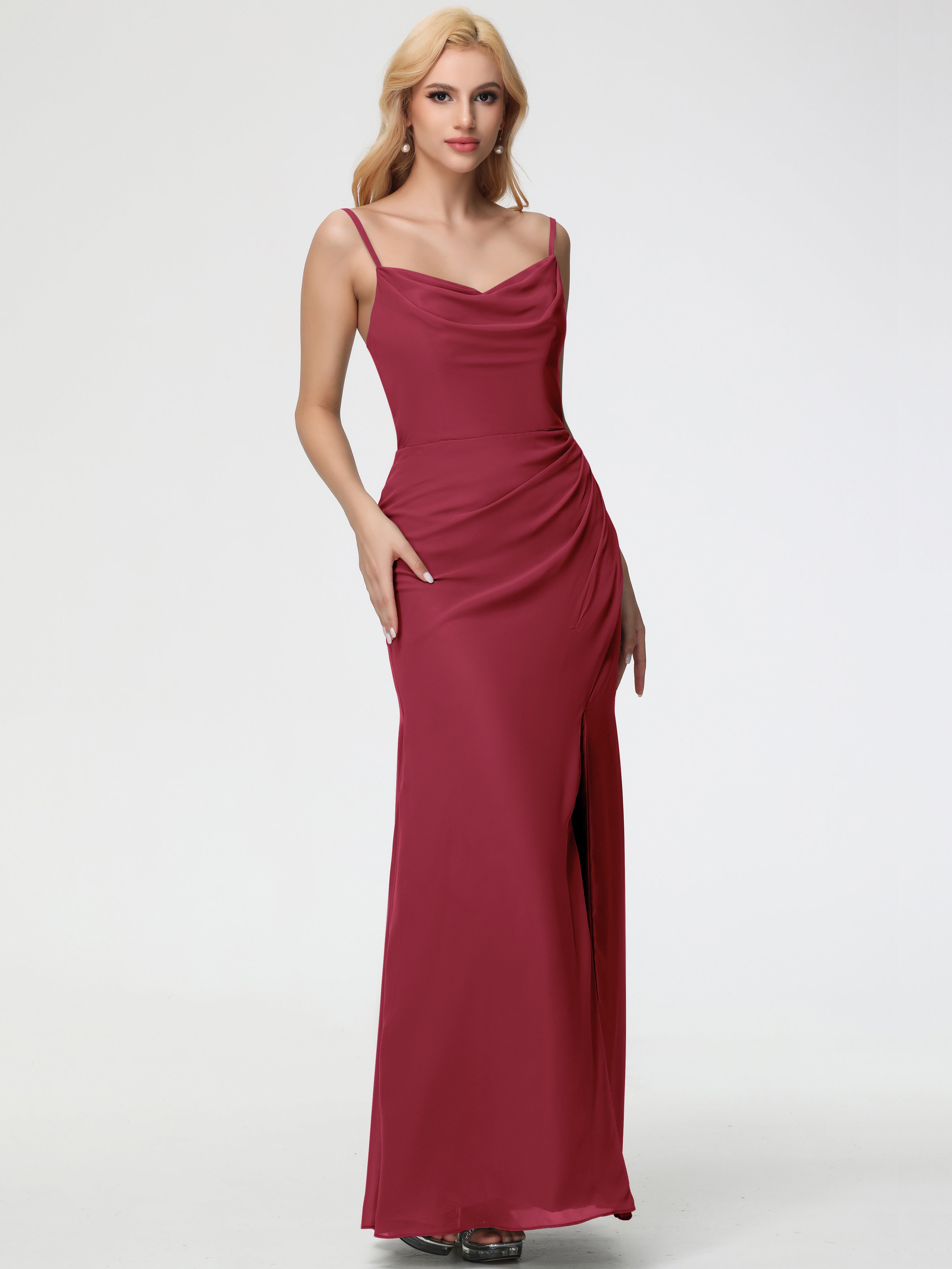 Cowl Sheath/Column Spaghetti Straps Chiffon Bridesmaid Dresses