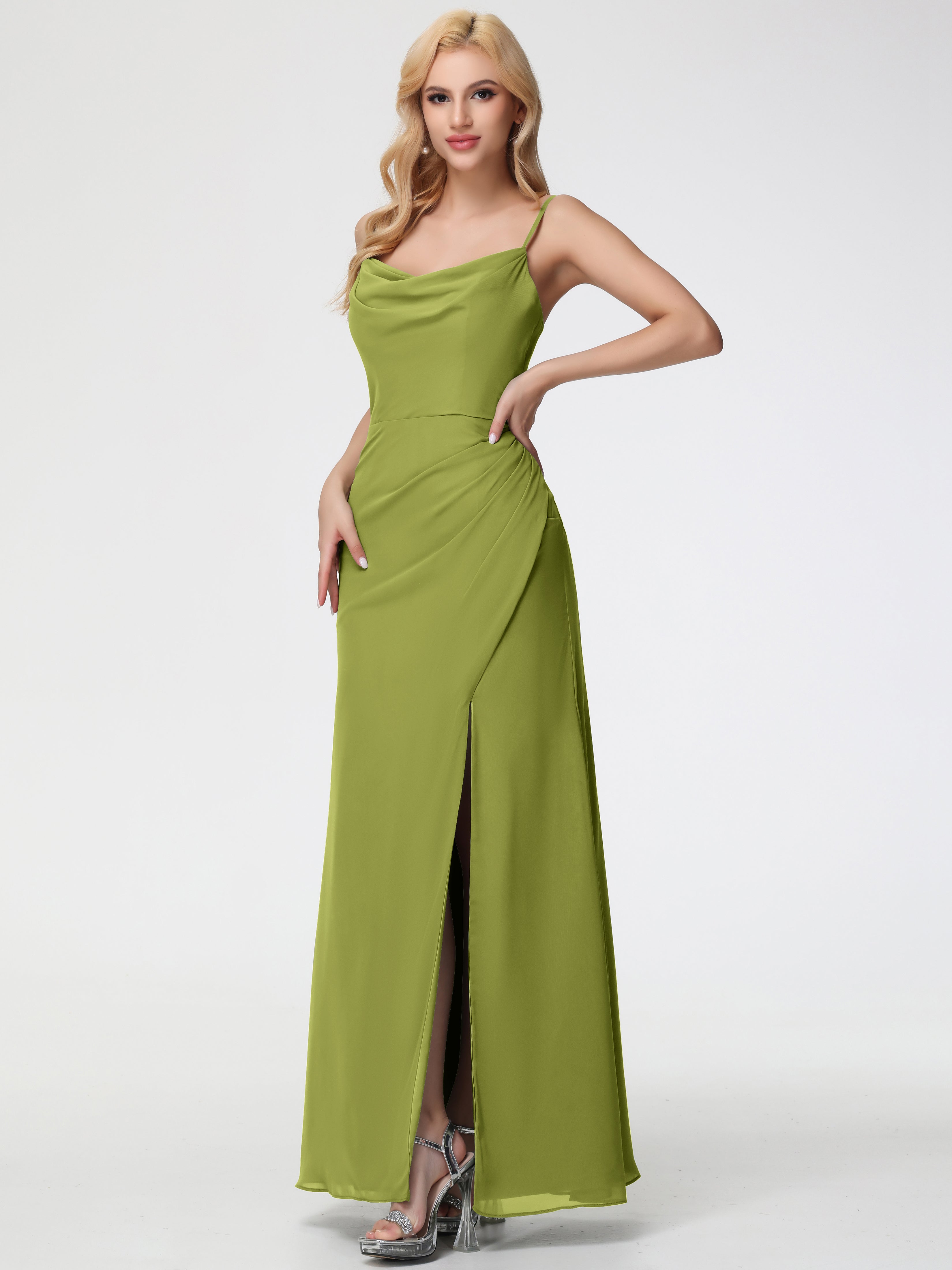 Cowl Sheath/Column Spaghetti Straps Chiffon Bridesmaid Dresses
