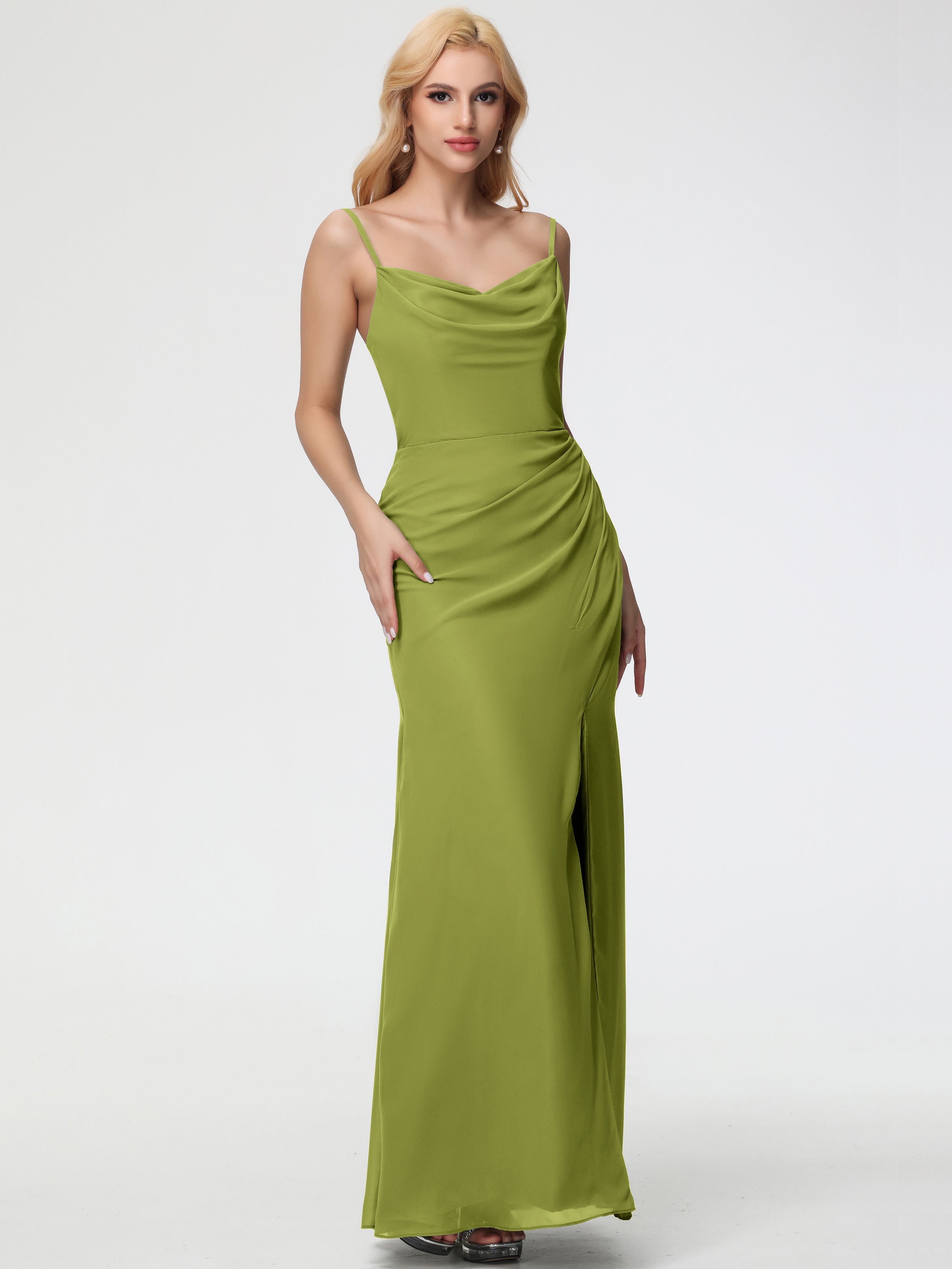 Cowl Sheath/Column Spaghetti Straps Chiffon Bridesmaid Dresses