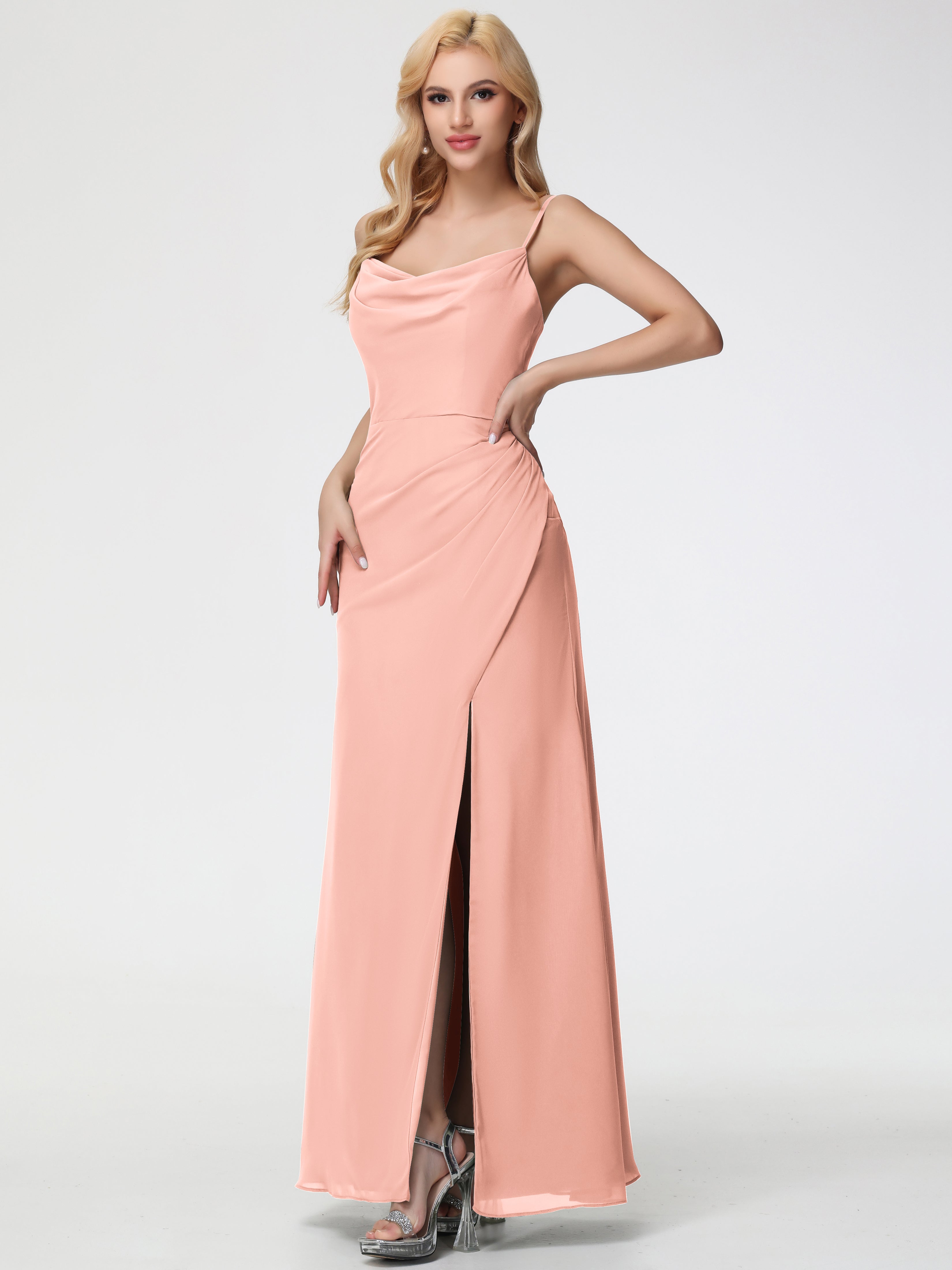 Cowl Sheath/Column Spaghetti Straps Chiffon Bridesmaid Dresses