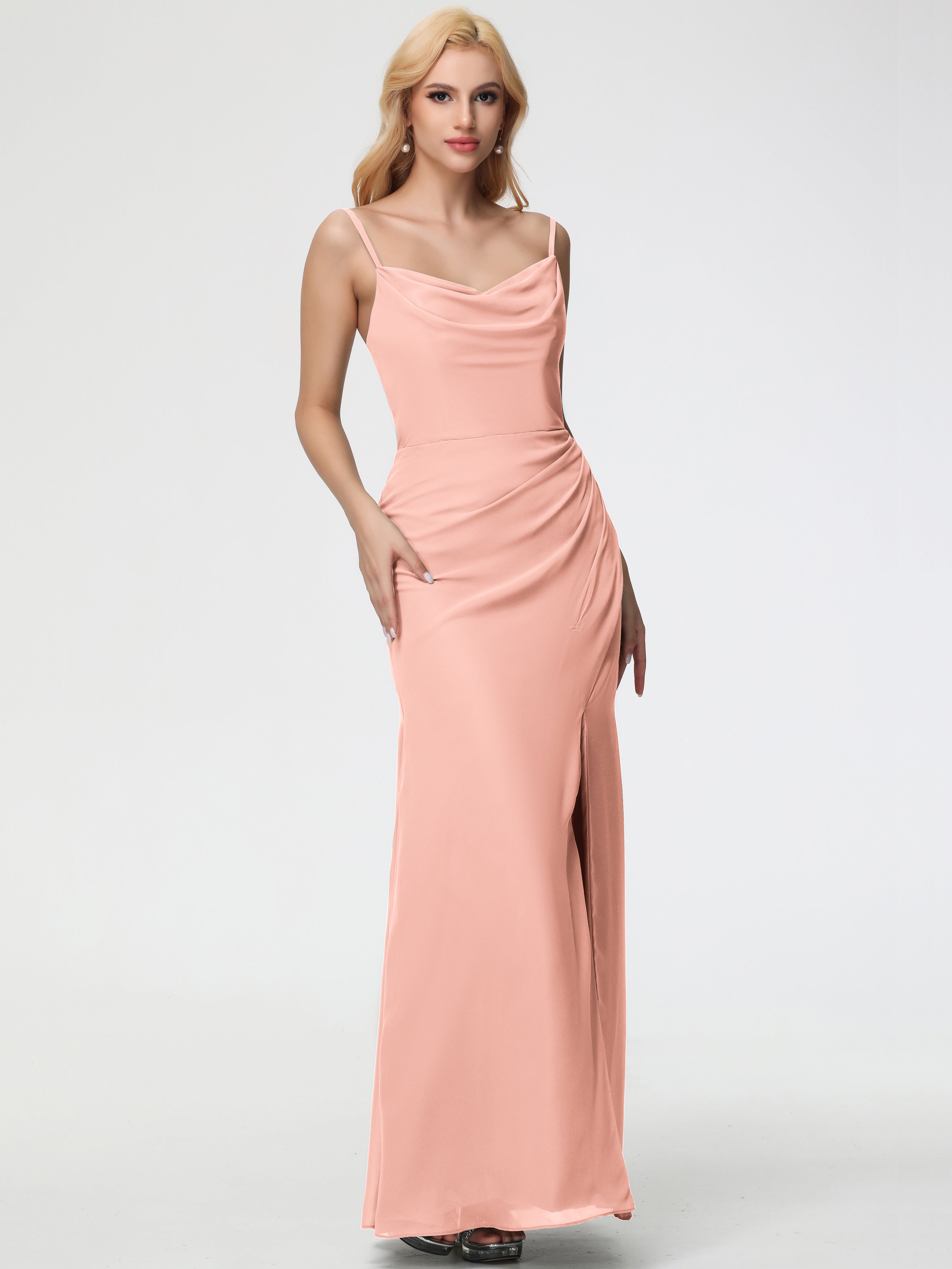 Cowl Sheath/Column Spaghetti Straps Chiffon Bridesmaid Dresses