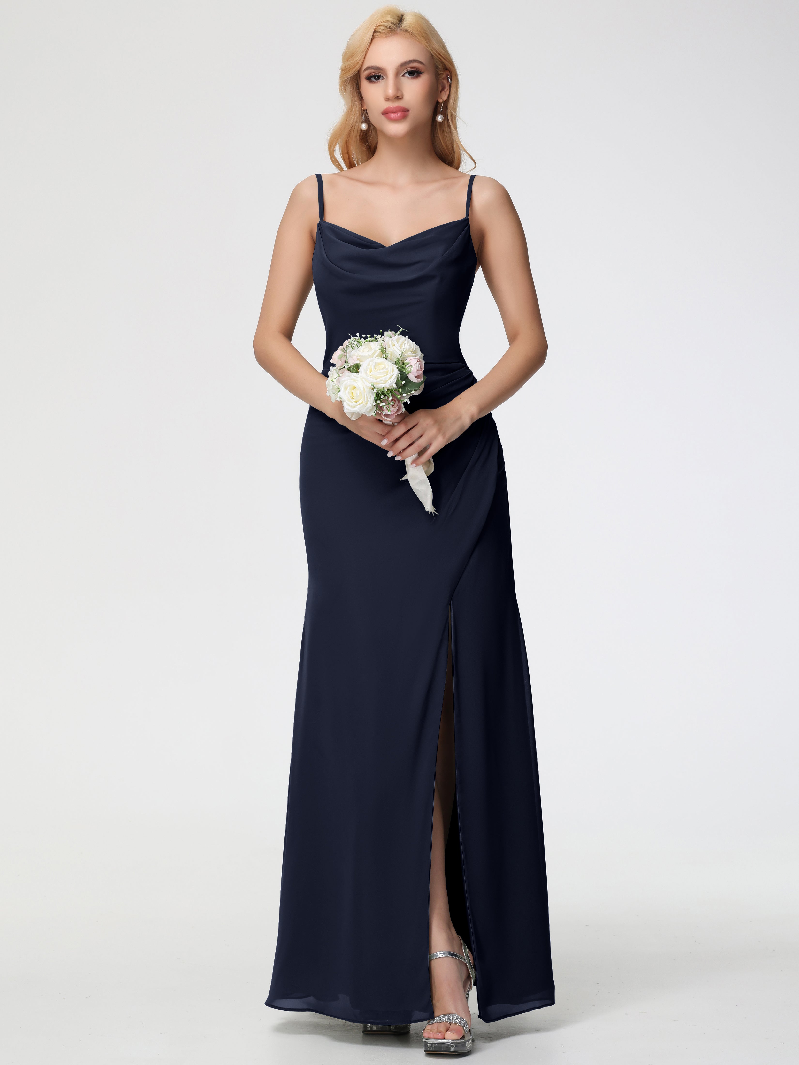 Cowl Sheath/Column Spaghetti Straps Chiffon Bridesmaid Dresses