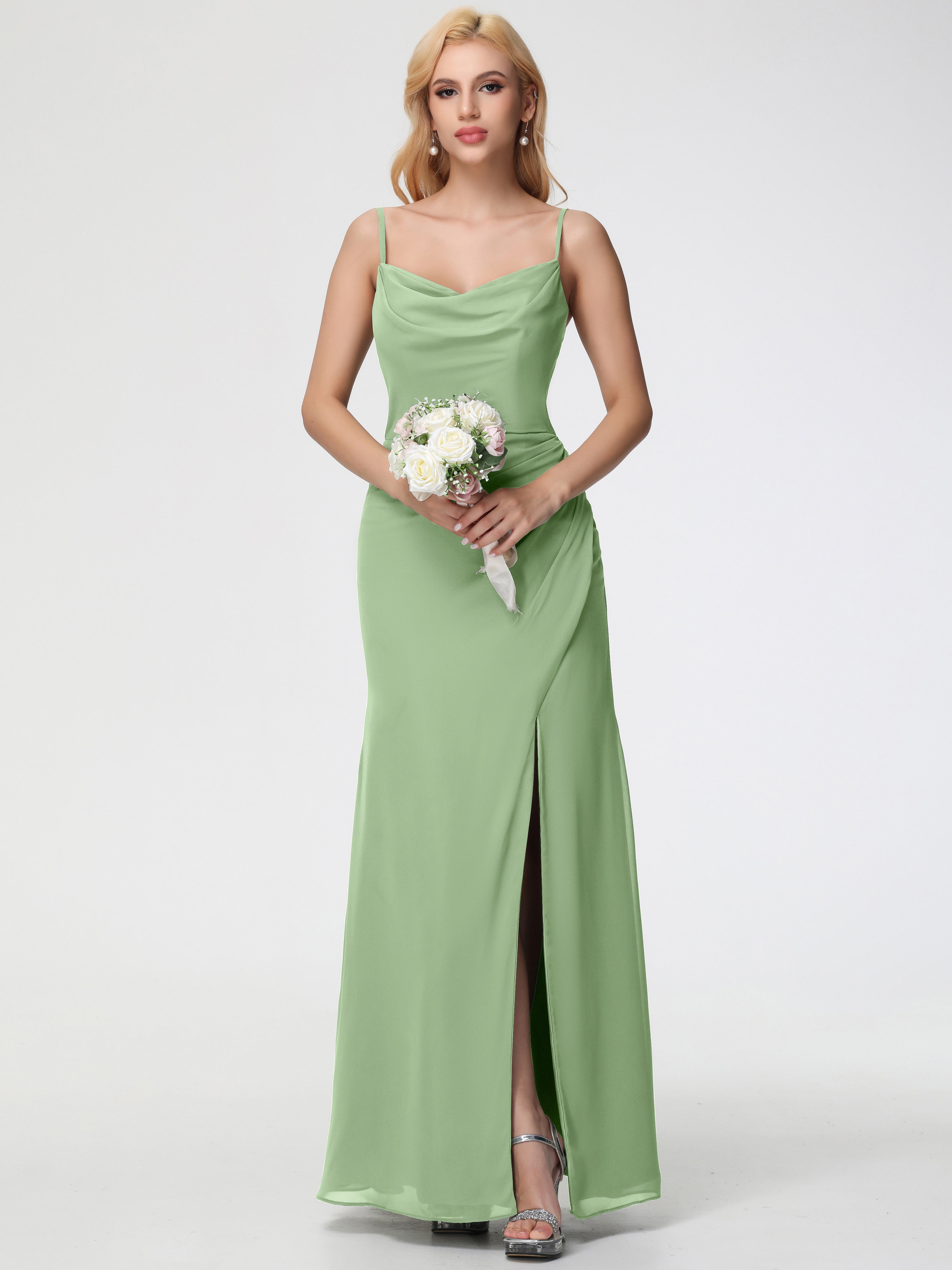 Cowl Sheath/Column Spaghetti Straps Chiffon Bridesmaid Dresses