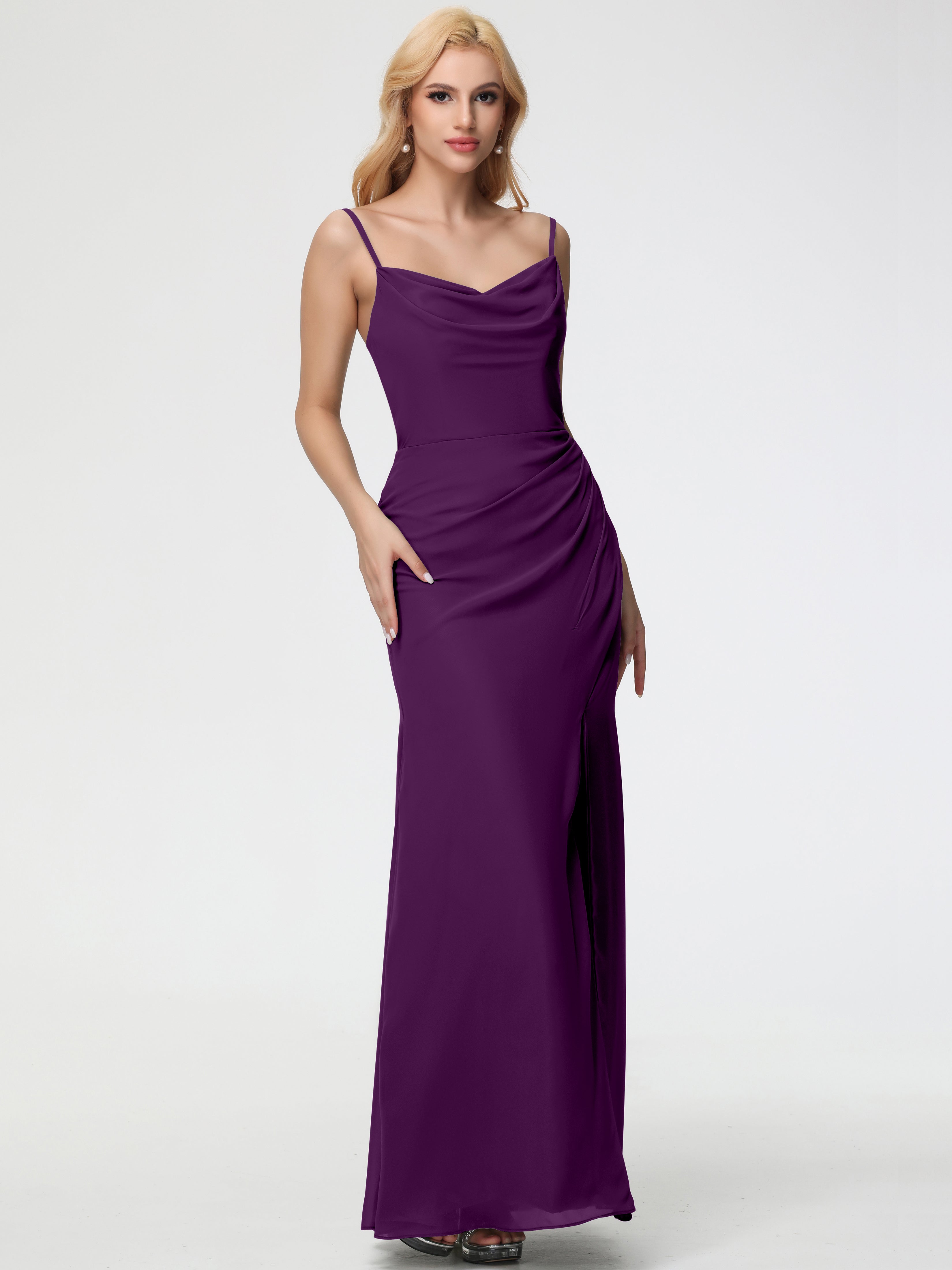 Cowl Sheath/Column Spaghetti Straps Chiffon Bridesmaid Dresses