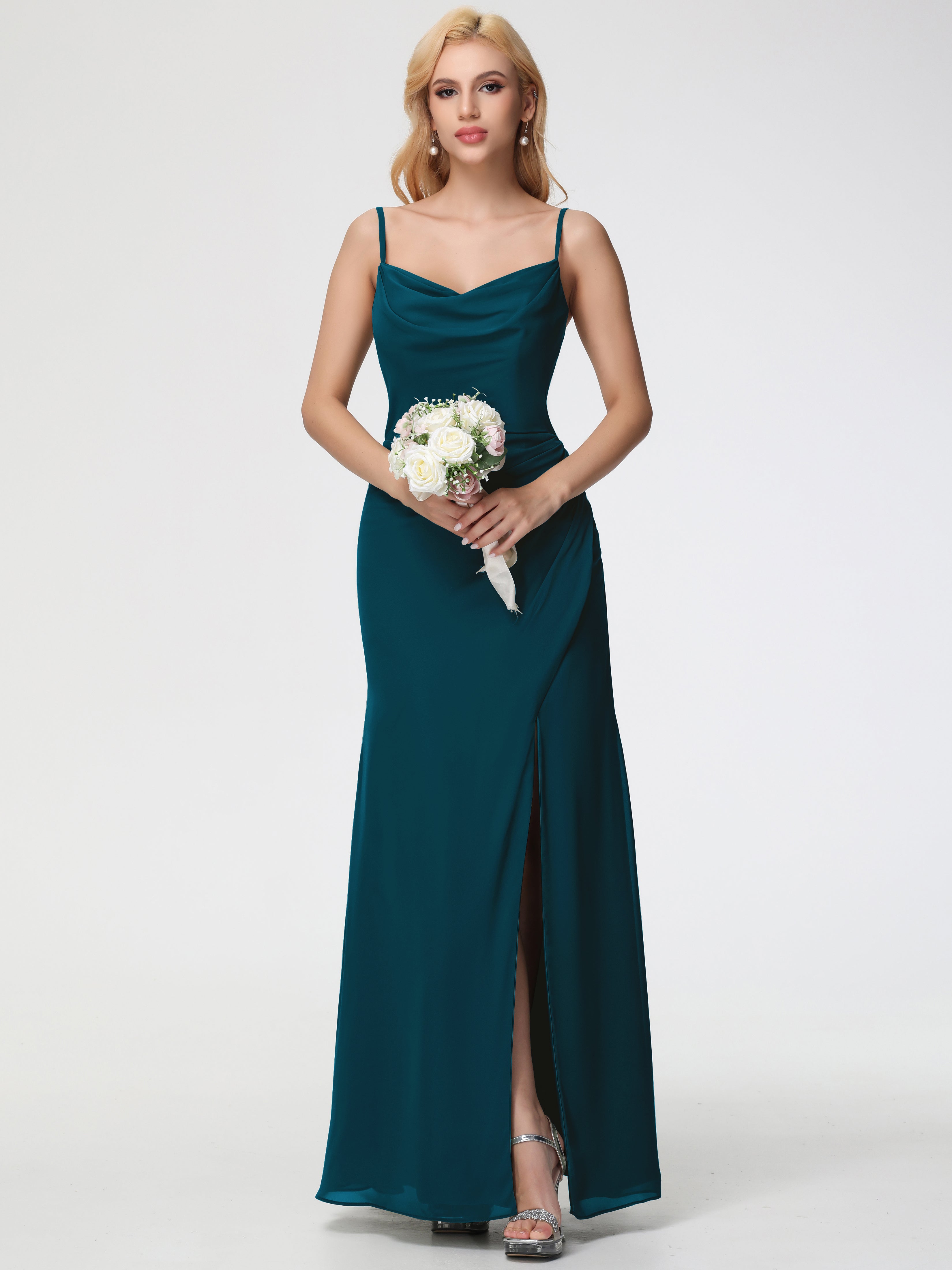Cowl Sheath/Column Spaghetti Straps Chiffon Bridesmaid Dresses