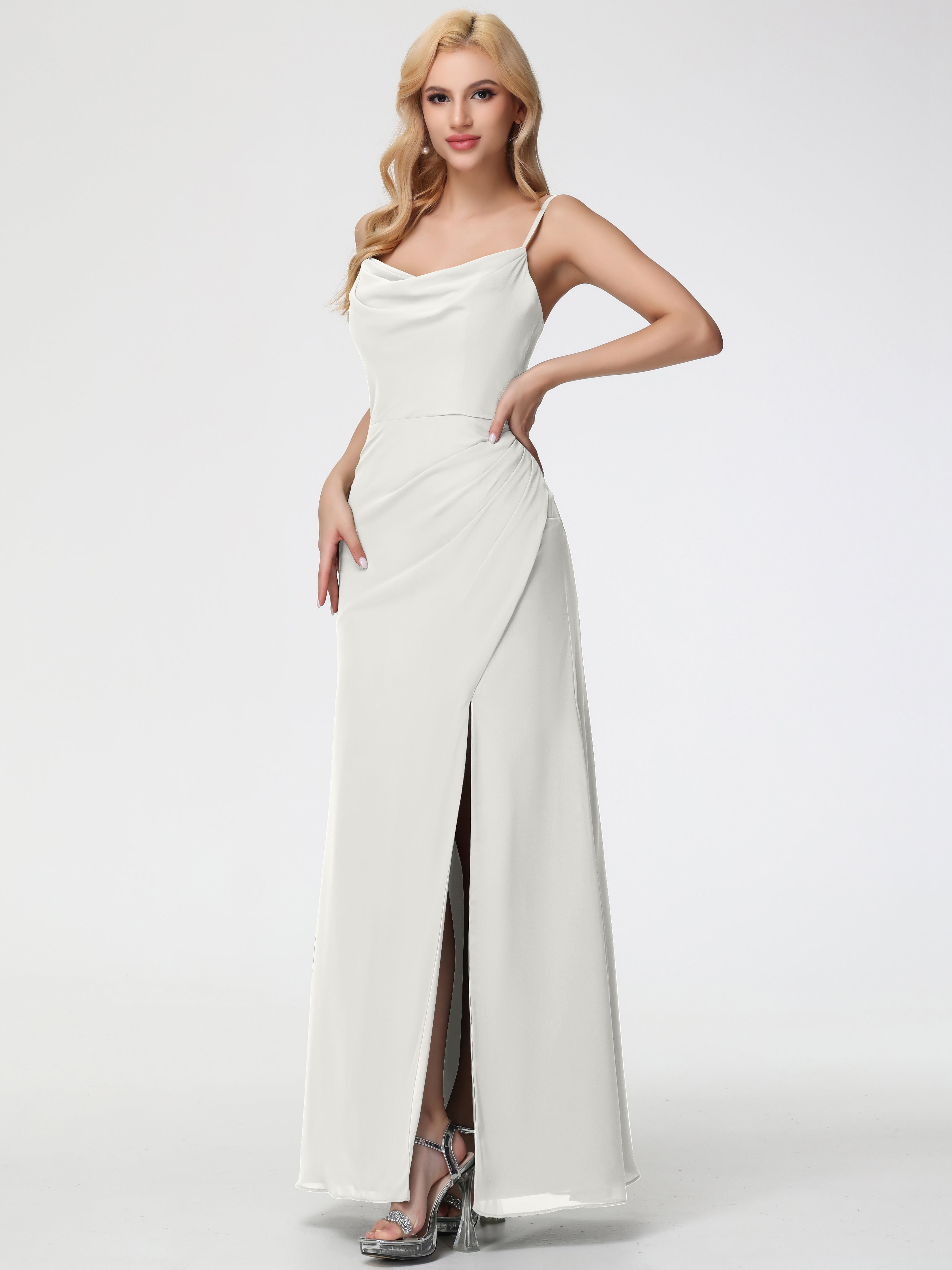 Ivory Bridesmaid Dresses Cowl Sheath/Column Spaghetti Straps Chiffon B