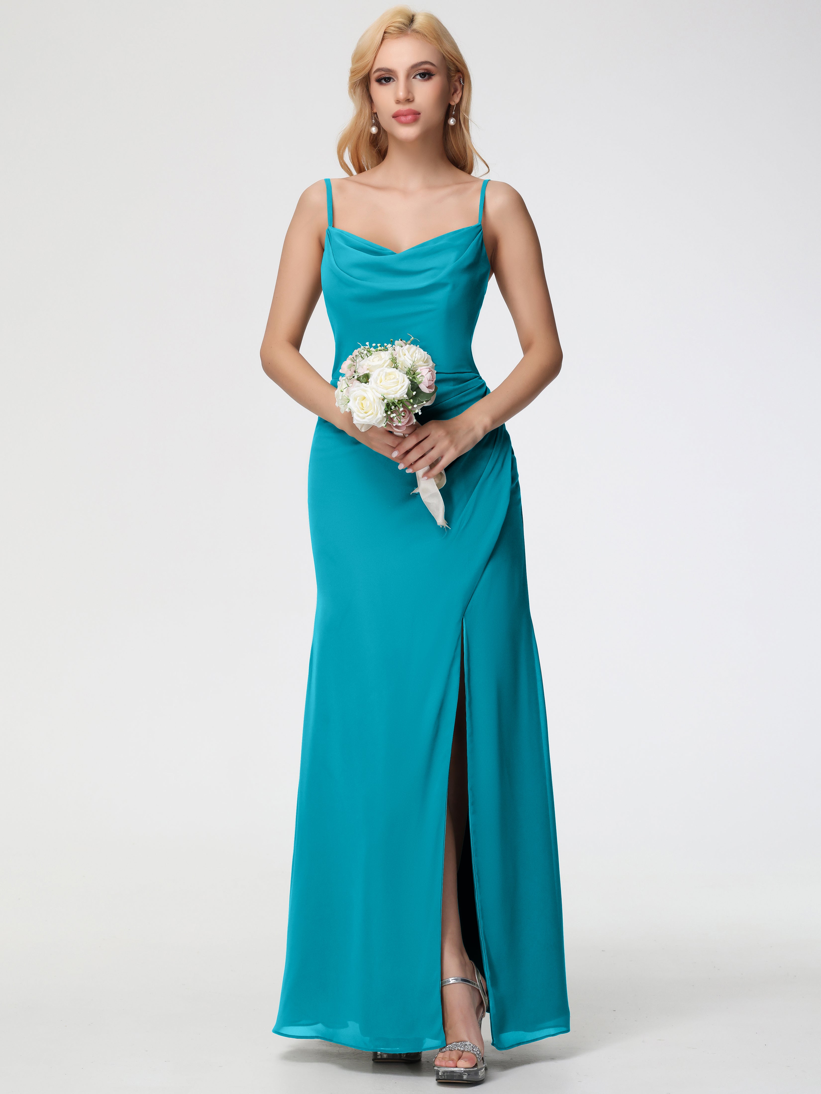 Cowl Sheath/Column Spaghetti Straps Chiffon Bridesmaid Dresses