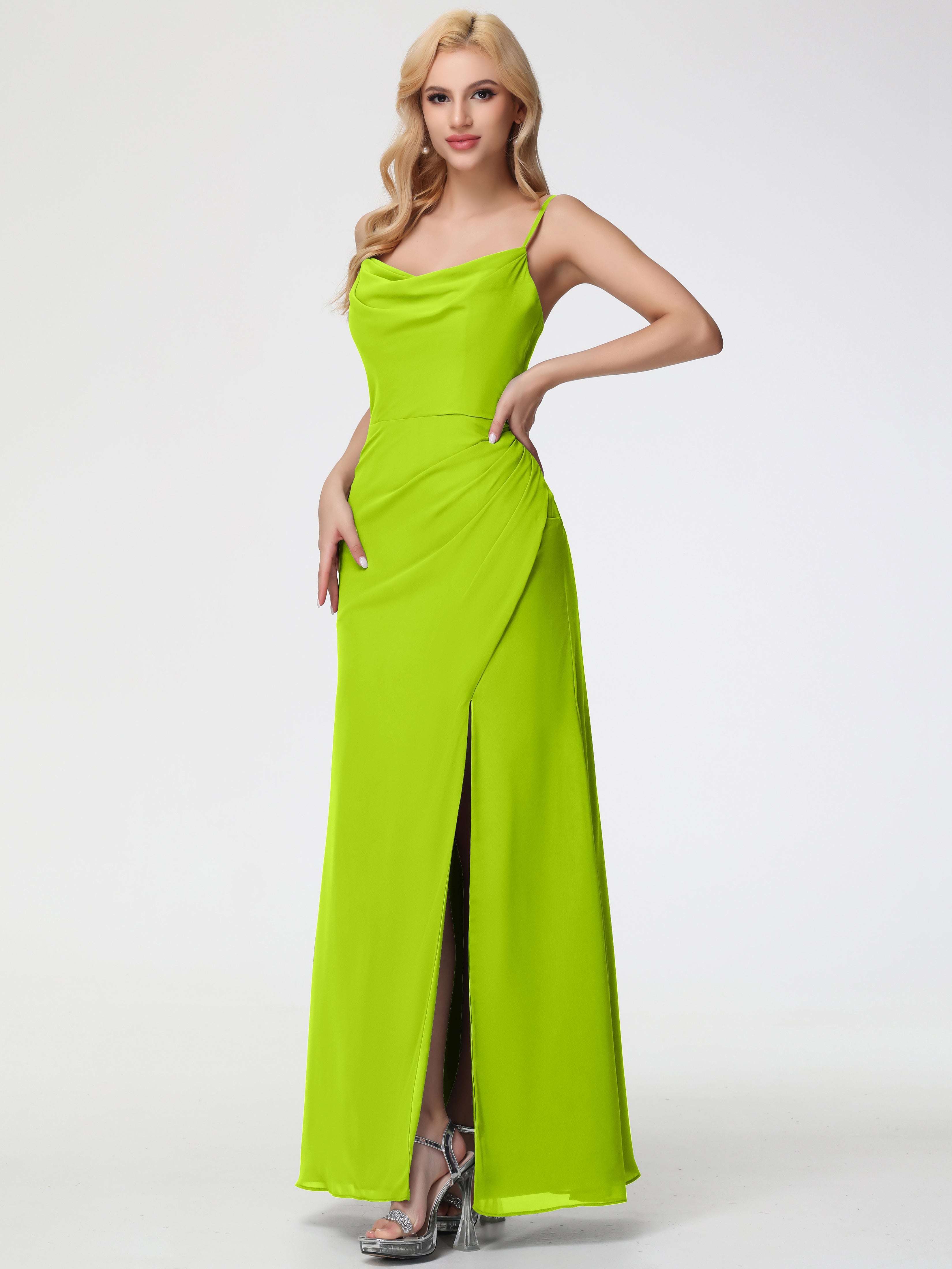 Lime Green Bridesmaid Dresses Cowl Sheath/Column Spaghetti Straps Chif