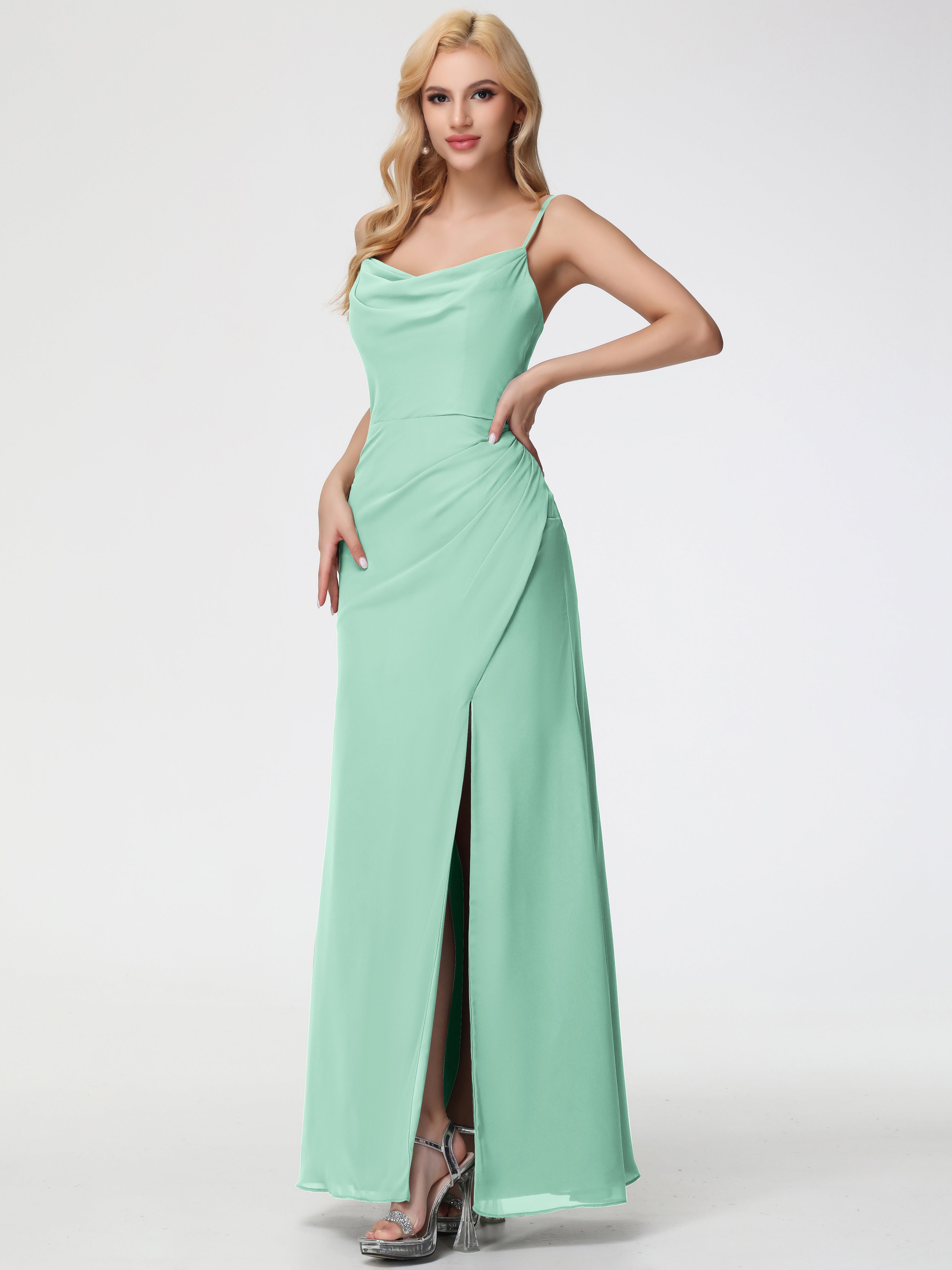Cowl Sheath/Column Spaghetti Straps Chiffon Bridesmaid Dresses