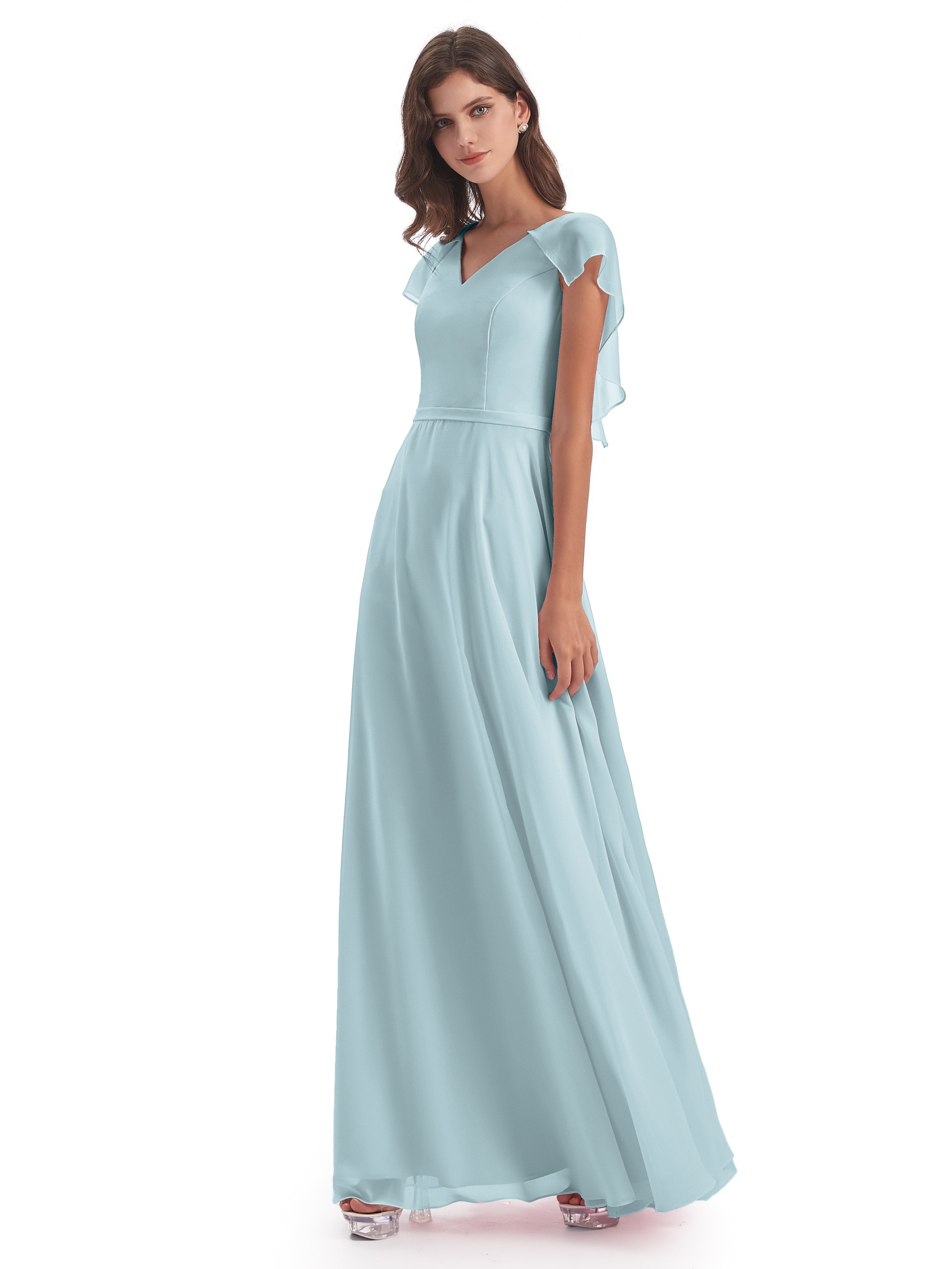 sea mist bridesmaid dresses Paityn A-Line V-Neck Flowy Chiffon Bridesm Green dress
