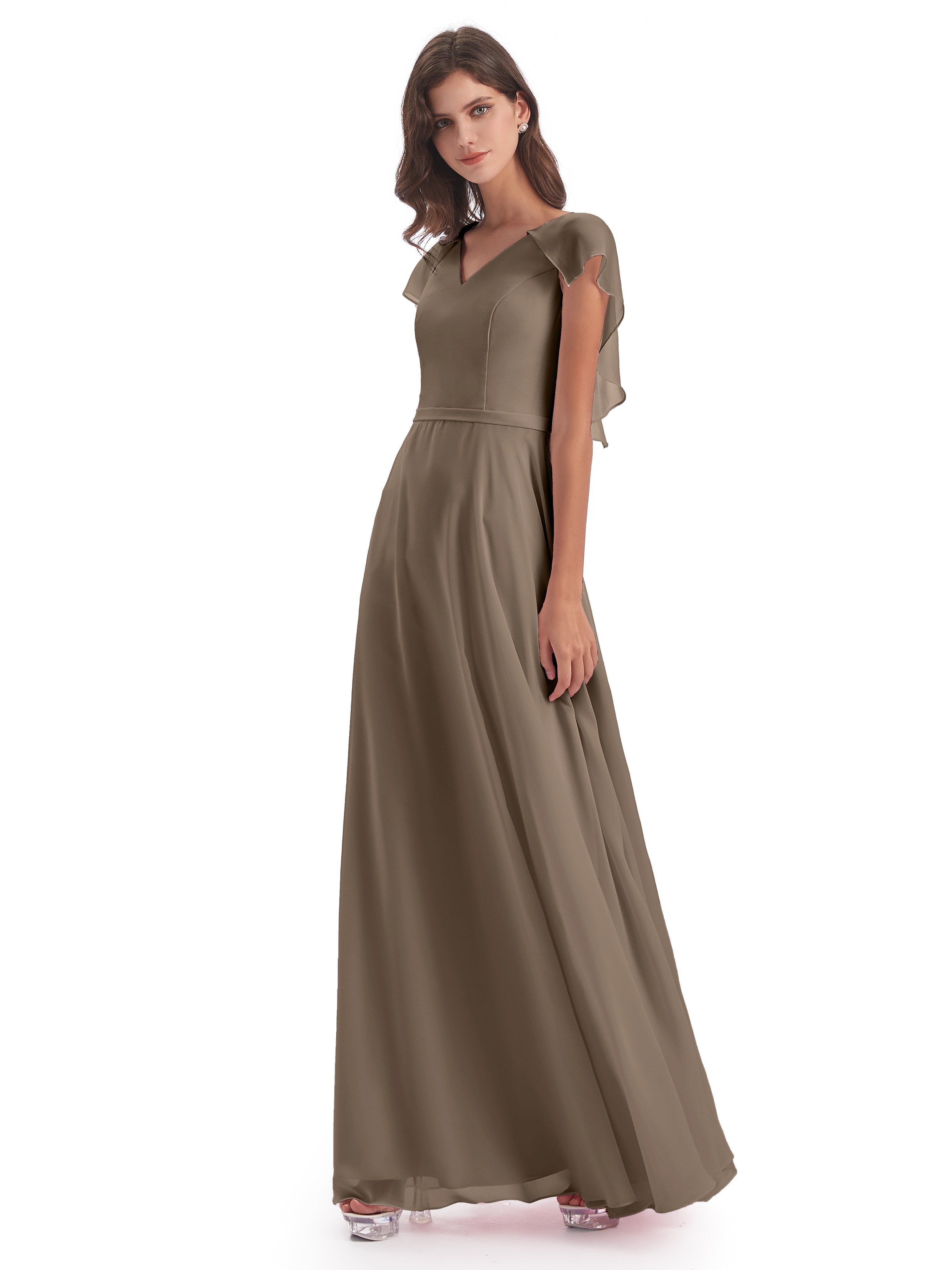 Taupe Color Bridesmaid Dresses Paityn A-Line V-Neck Flowy Chiffon Brid