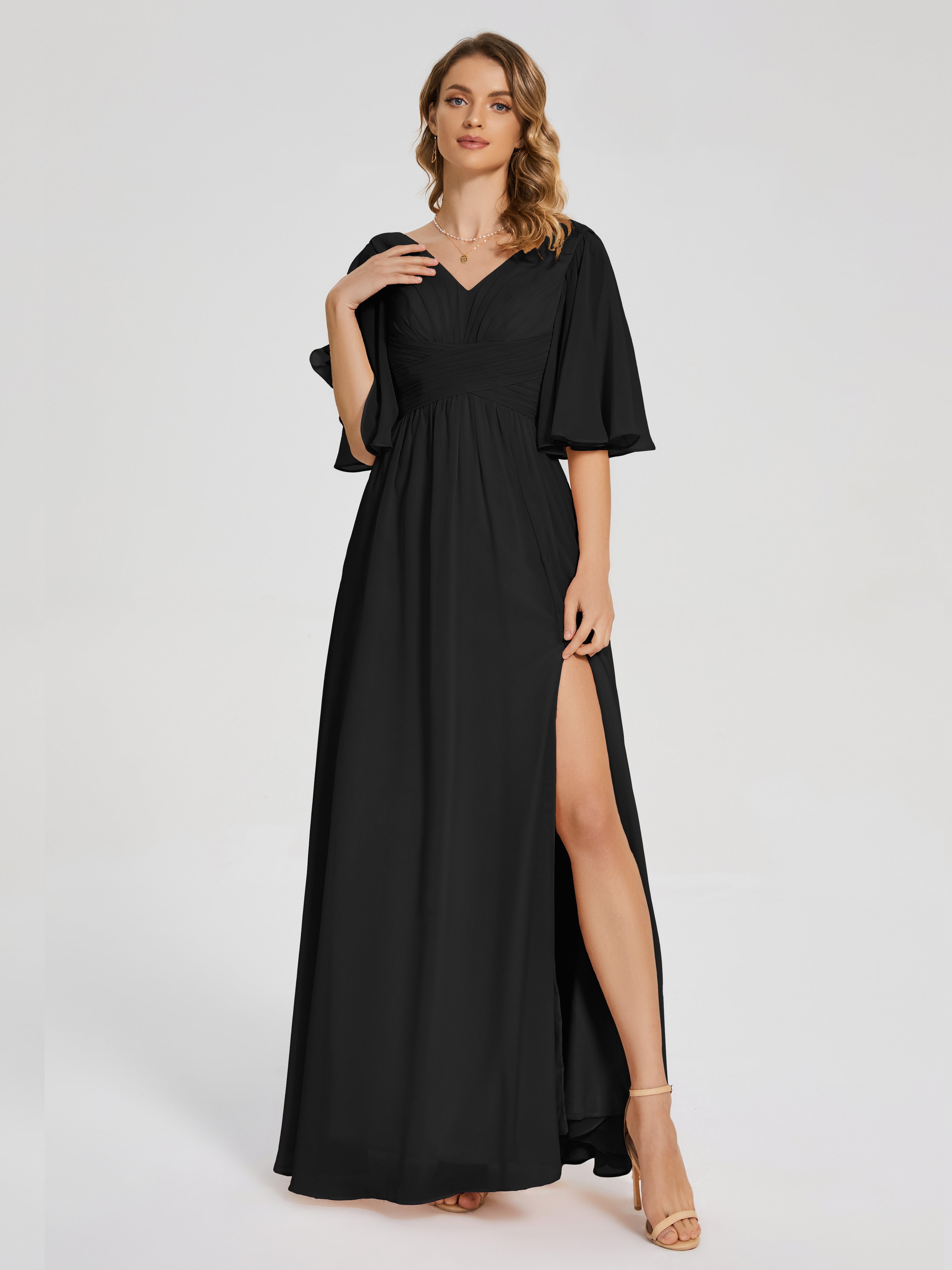 Bridesmaids Dresses In Black Modest Half Sleeves Chiffon Bridesmaid Dr