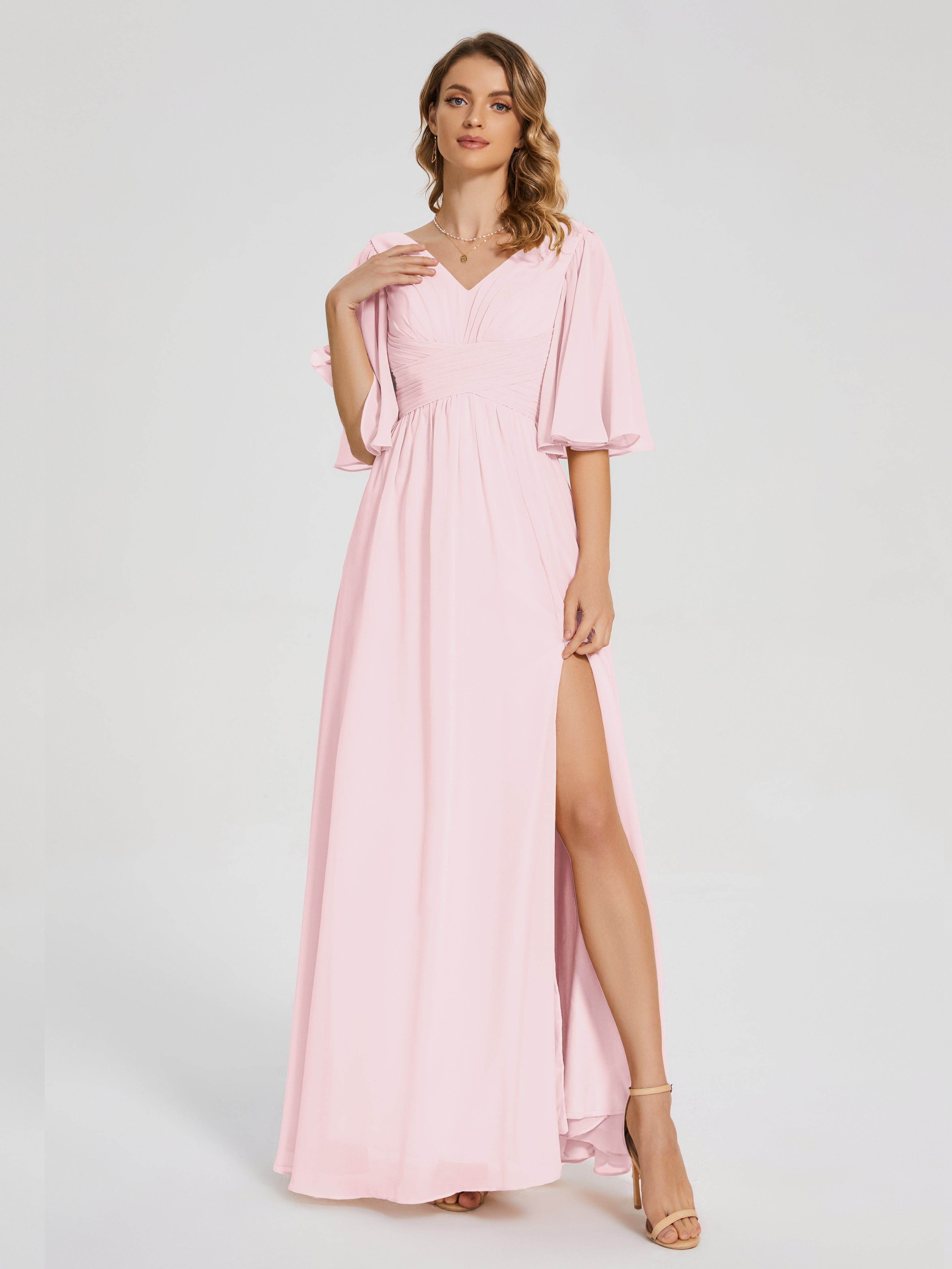 Blush Pink Bridesmaids Dresses Modest Half Sleeves Chiffon Bridesmaid