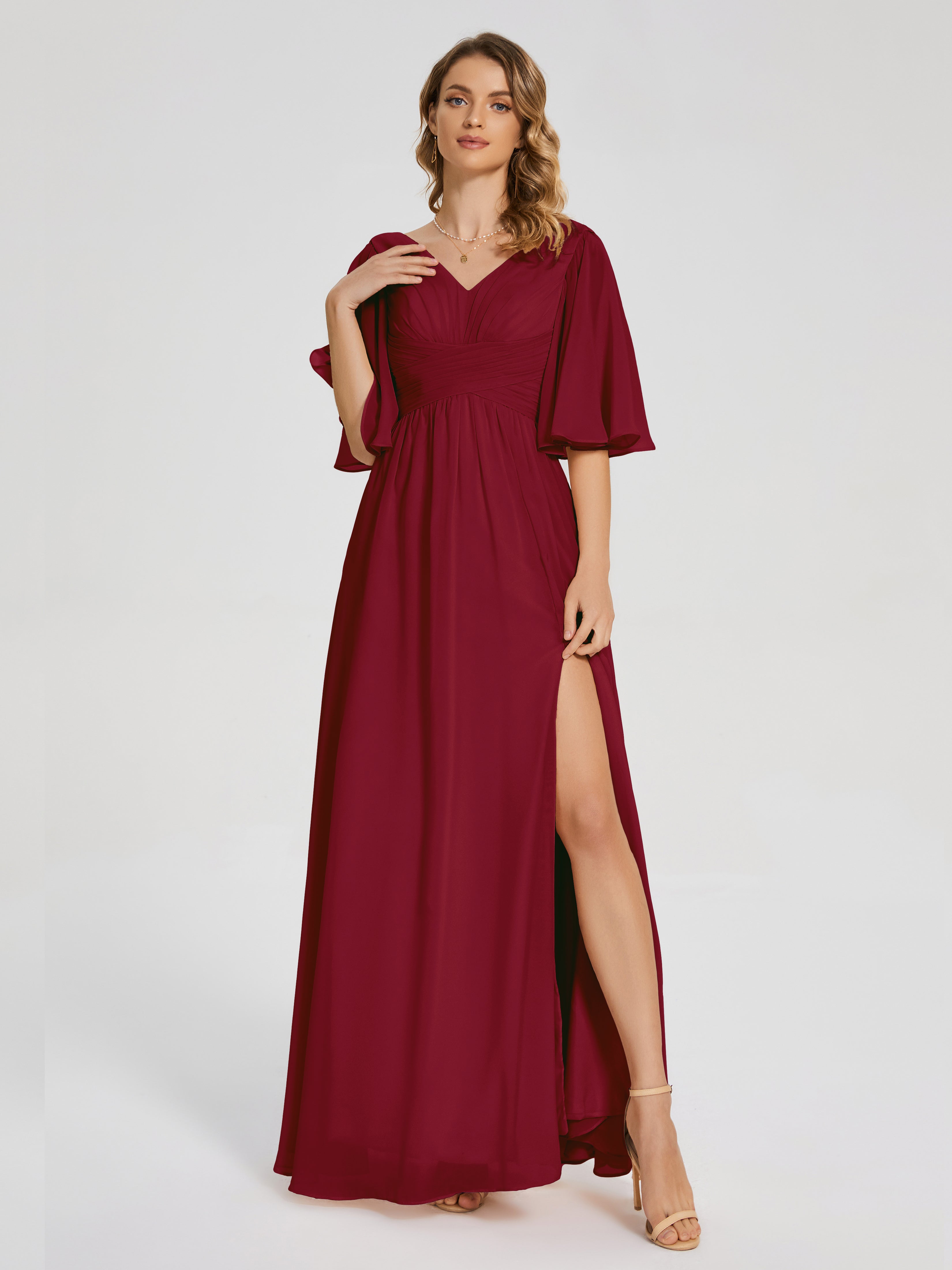 modest half sleeves long burgundy evening dresses with lace and crystal beaded