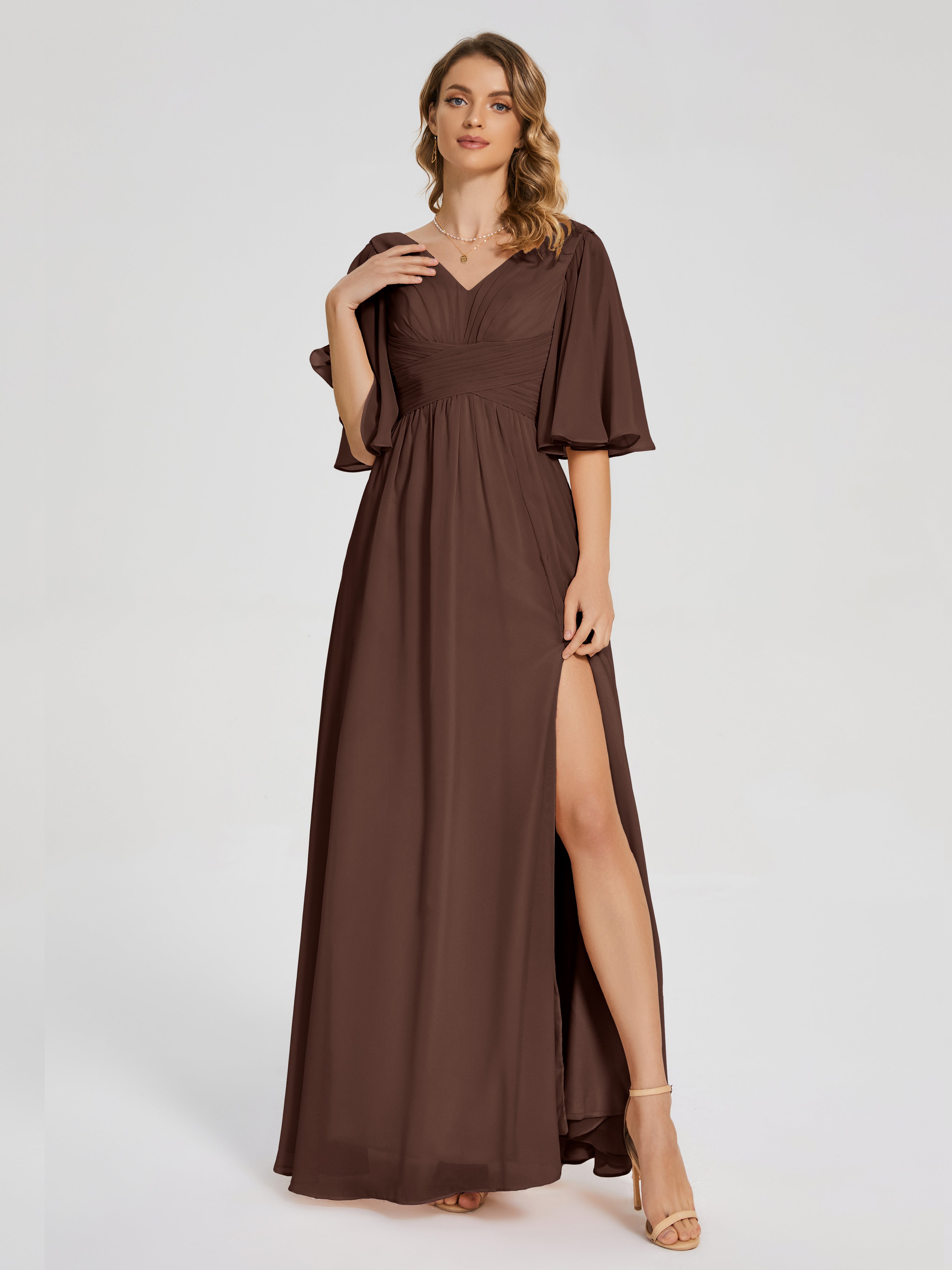 Chocolate Bridesmaid Dresses Amina Modest Half Sleeves Chiffon Bridesm