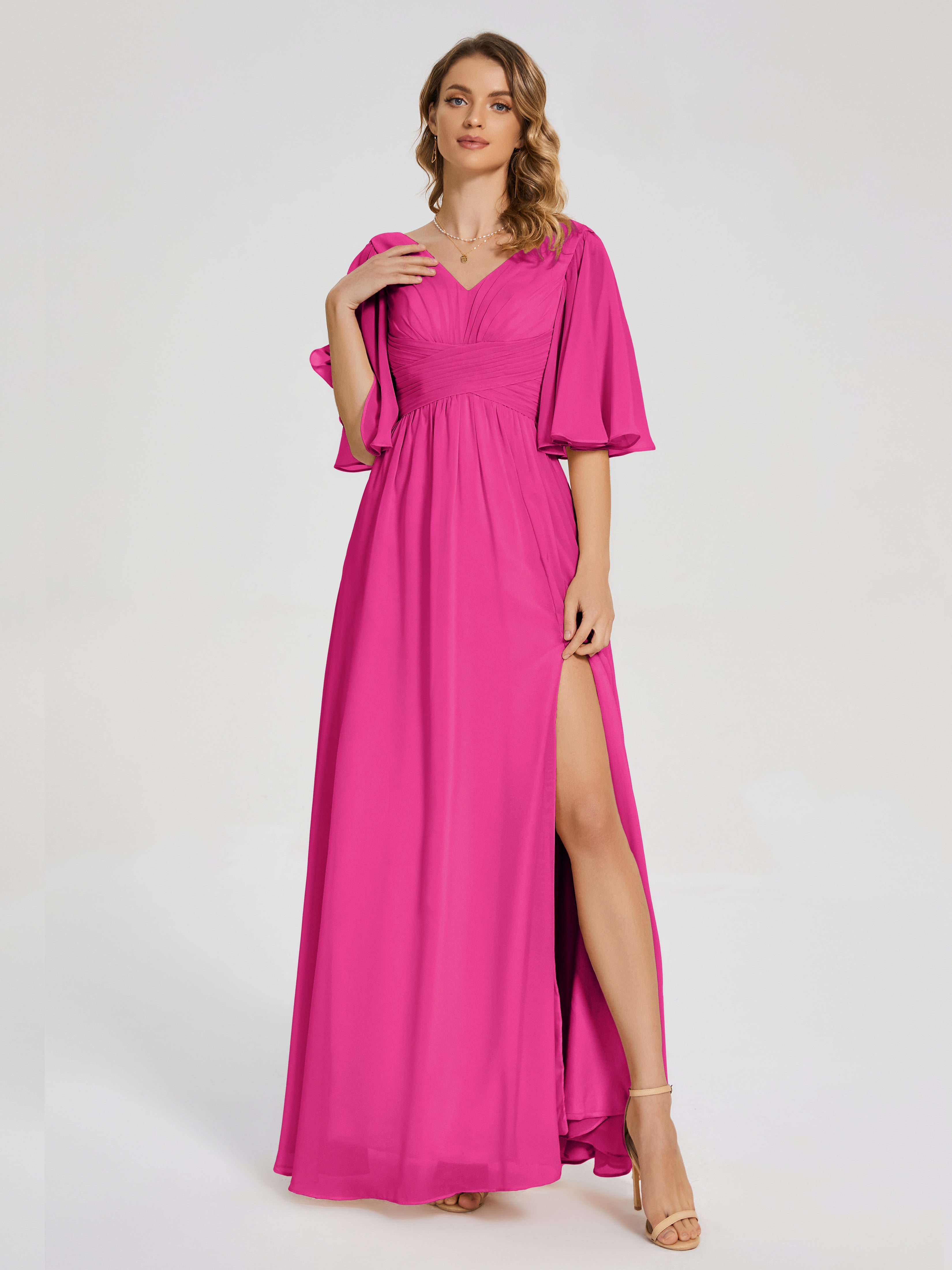 strapless open back dress Fuchsia Pink Bridesmaid Dress Amina Modest Half Sleeves Chiffon Bridesmaid  Dresses