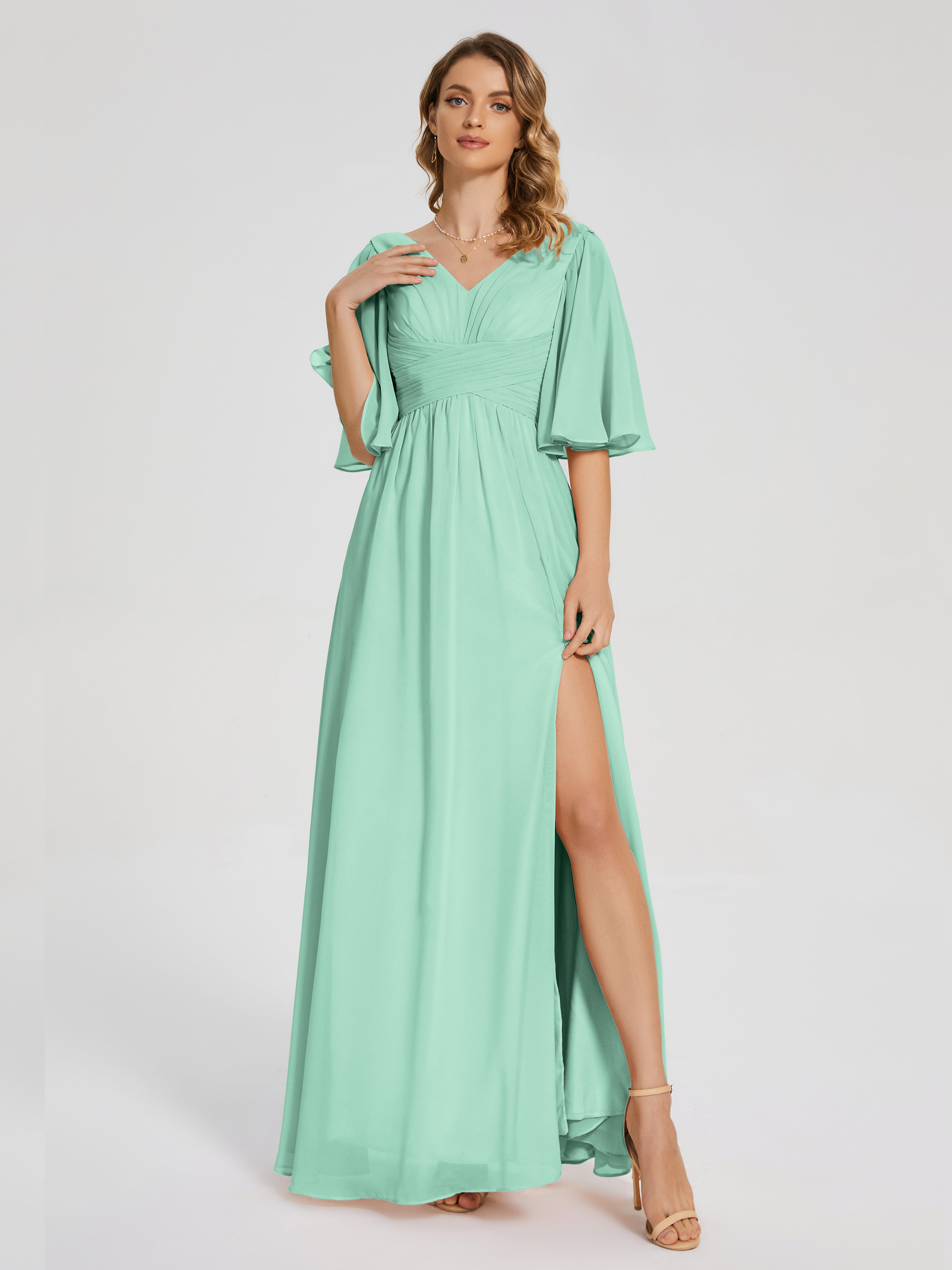 Mint Green Bridesmaid Dress Amina Modest Half Sleeves Chiffon Bridesma