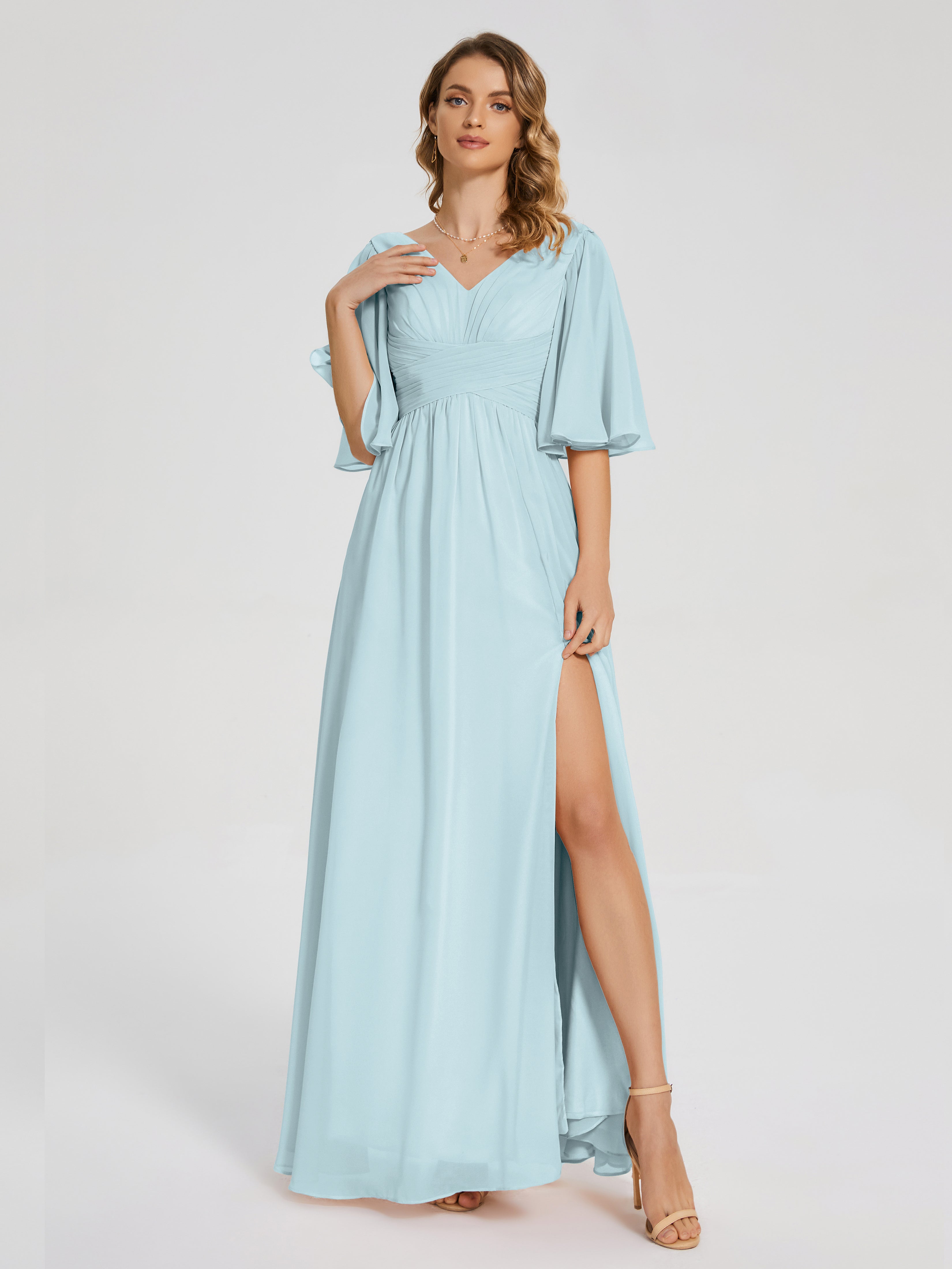 mist blue bridesmaid dresses BABARONI Chiffon Sweetheart Floor-length Sleeveless Ruched A-line, Mist / US18 This scoop neck Sky Blue Bridesmaid Dresses |