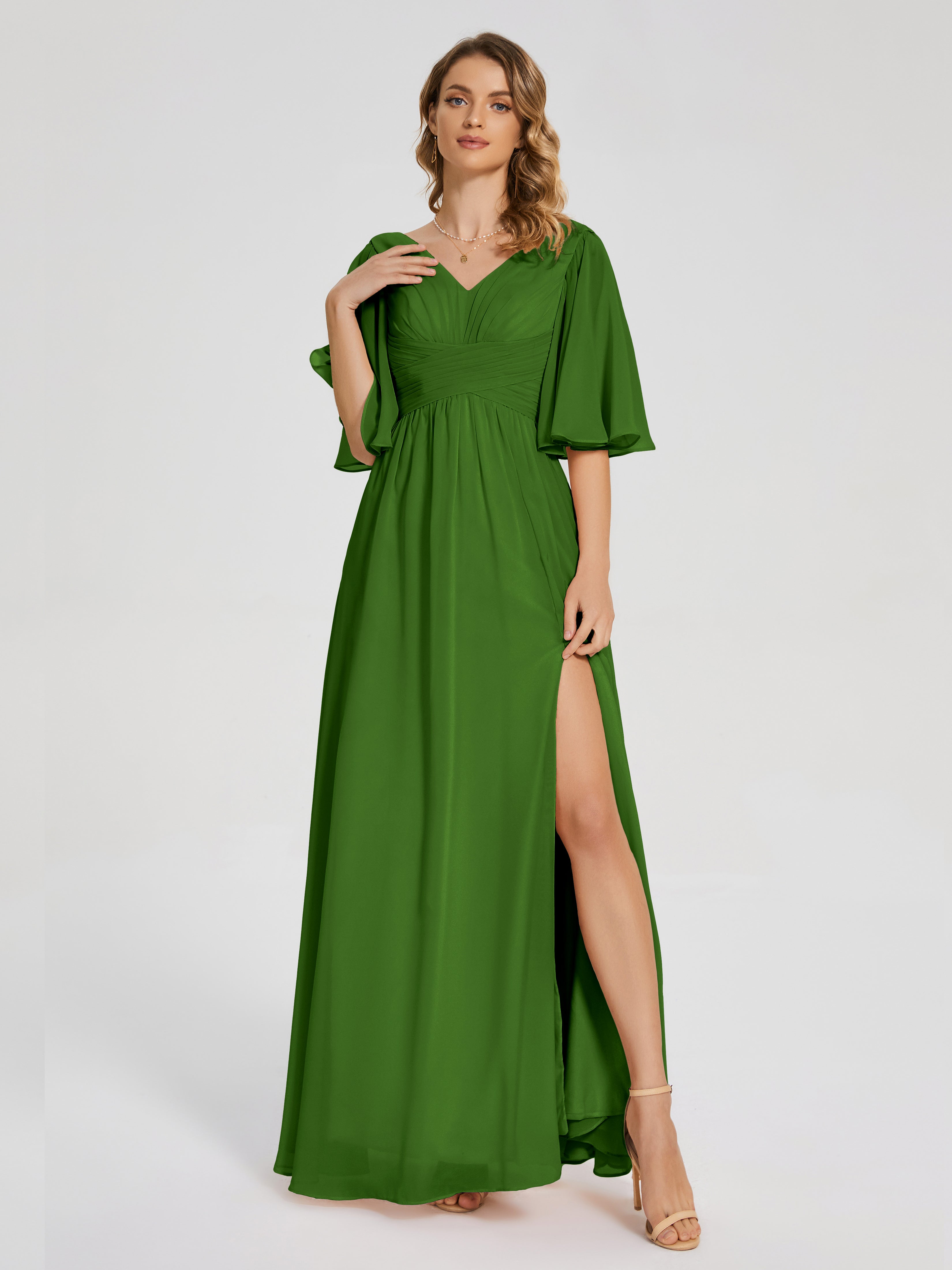 Moss Green Bridesmaid Dress Amina Modest Half Sleeves Chiffon Bridesma
