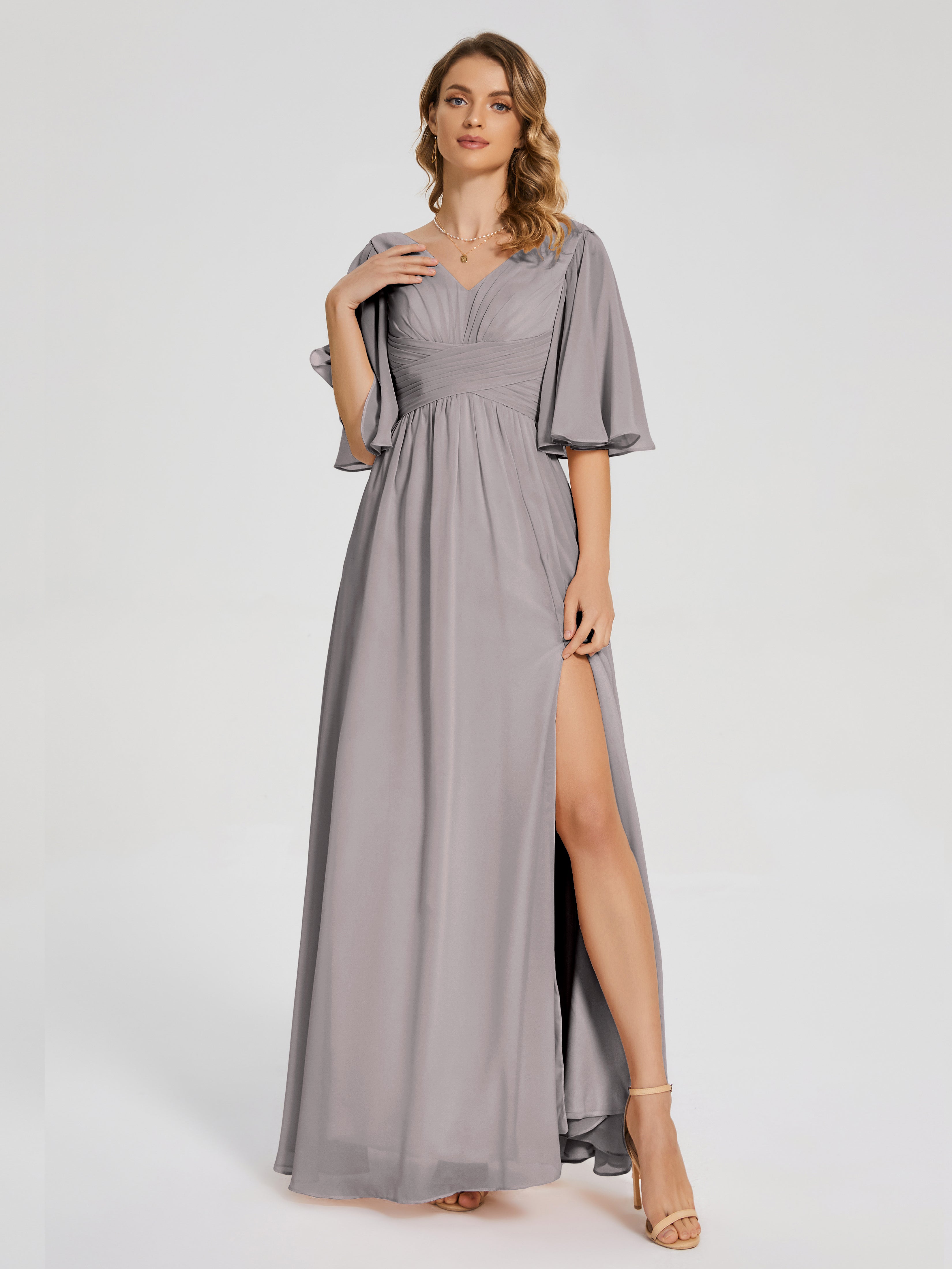 Silver Bridesmaid Dress Amina Modest Half Sleeves Chiffon Bridesmaid D Silver Bridesmaid Dress Amina Modest Half Sleeves Chiffon Bridesmaid D