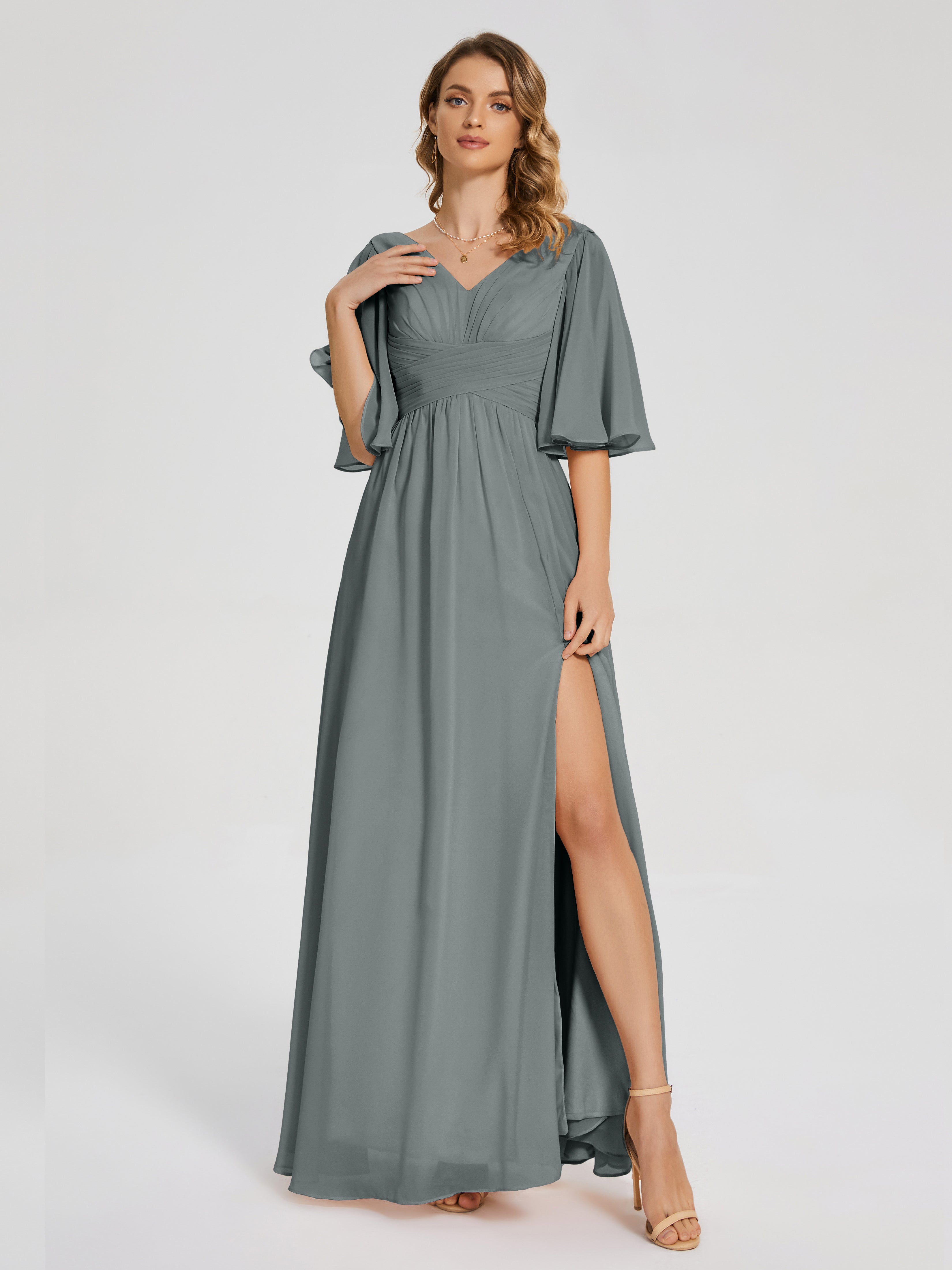 Steel Grey Bridesmaid Dress Amina Modest Half Sleeves Chiffon Bridesma