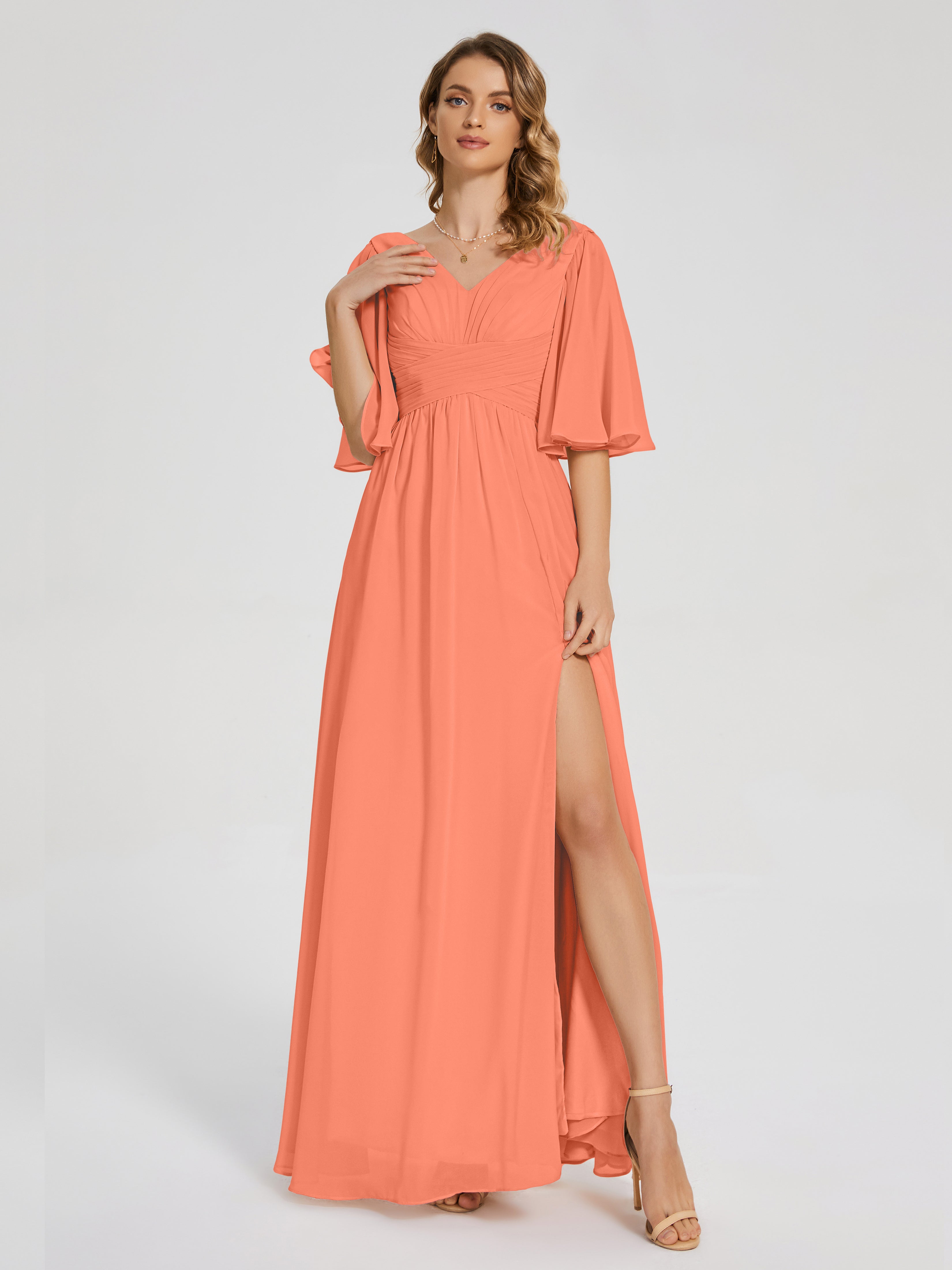 Sunset Color Bridesmaid Dresses Amina Modest Half Sleeves Chiffon Brid