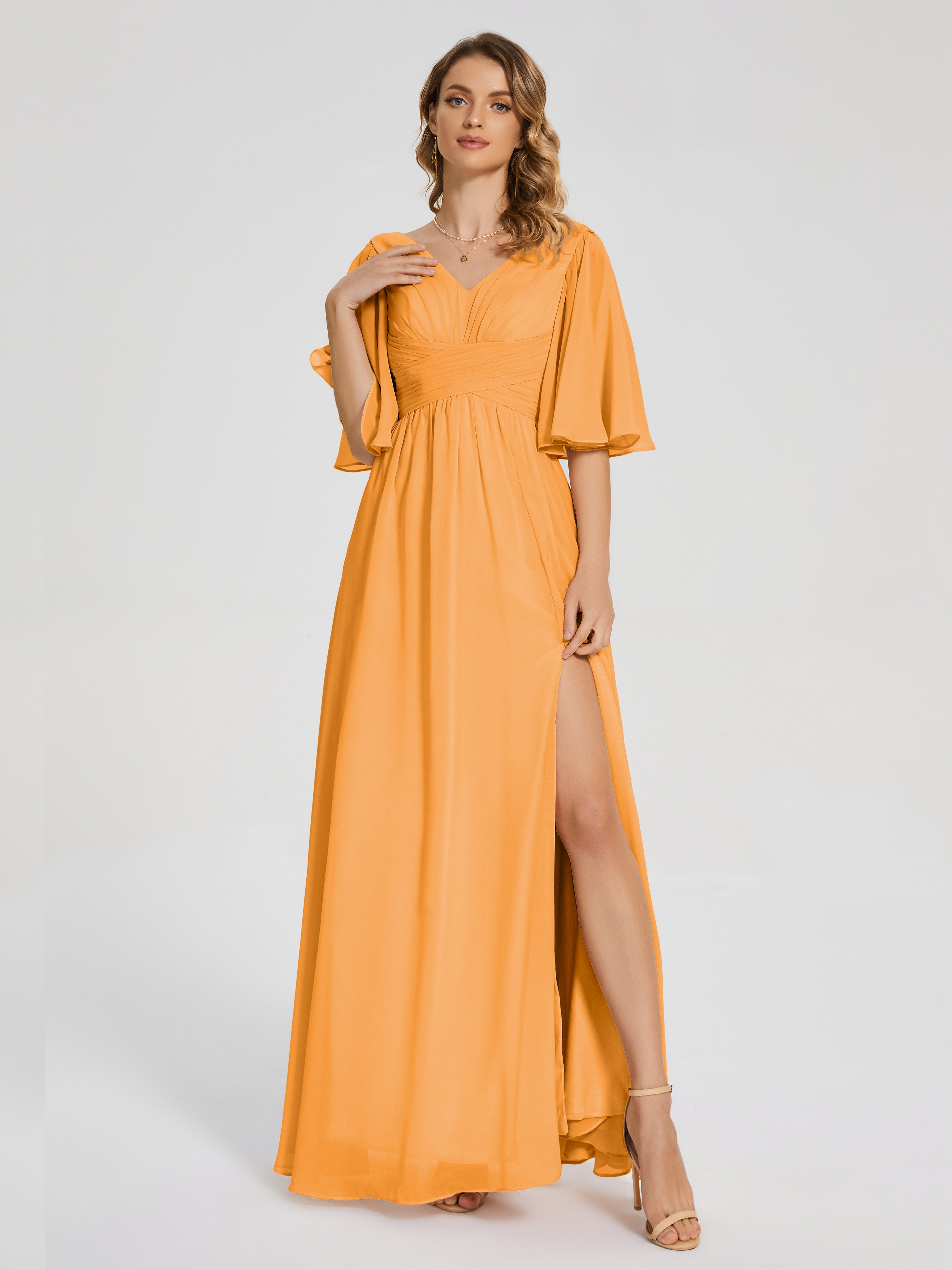 Tangerine Bridesmaid Dress Amina Modest Half Sleeves Chiffon Bridesmai