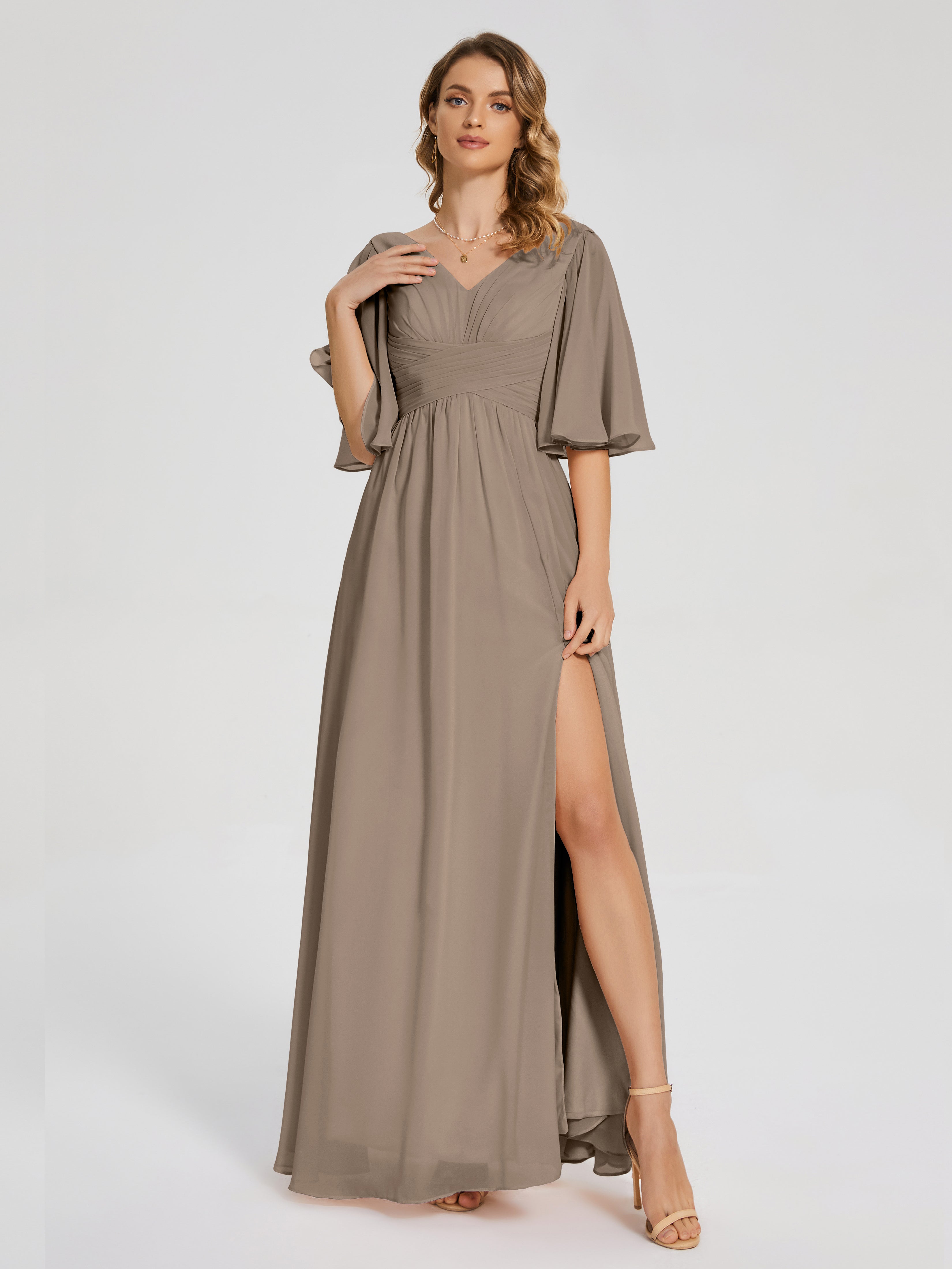 Taupe Bridesmaid Dress Amina Modest Half Sleeves Chiffon Bridesmaid Dr Taupe Bridesmaid Dress Amina Modest Half Sleeves Chiffon Bridesmaid Dr