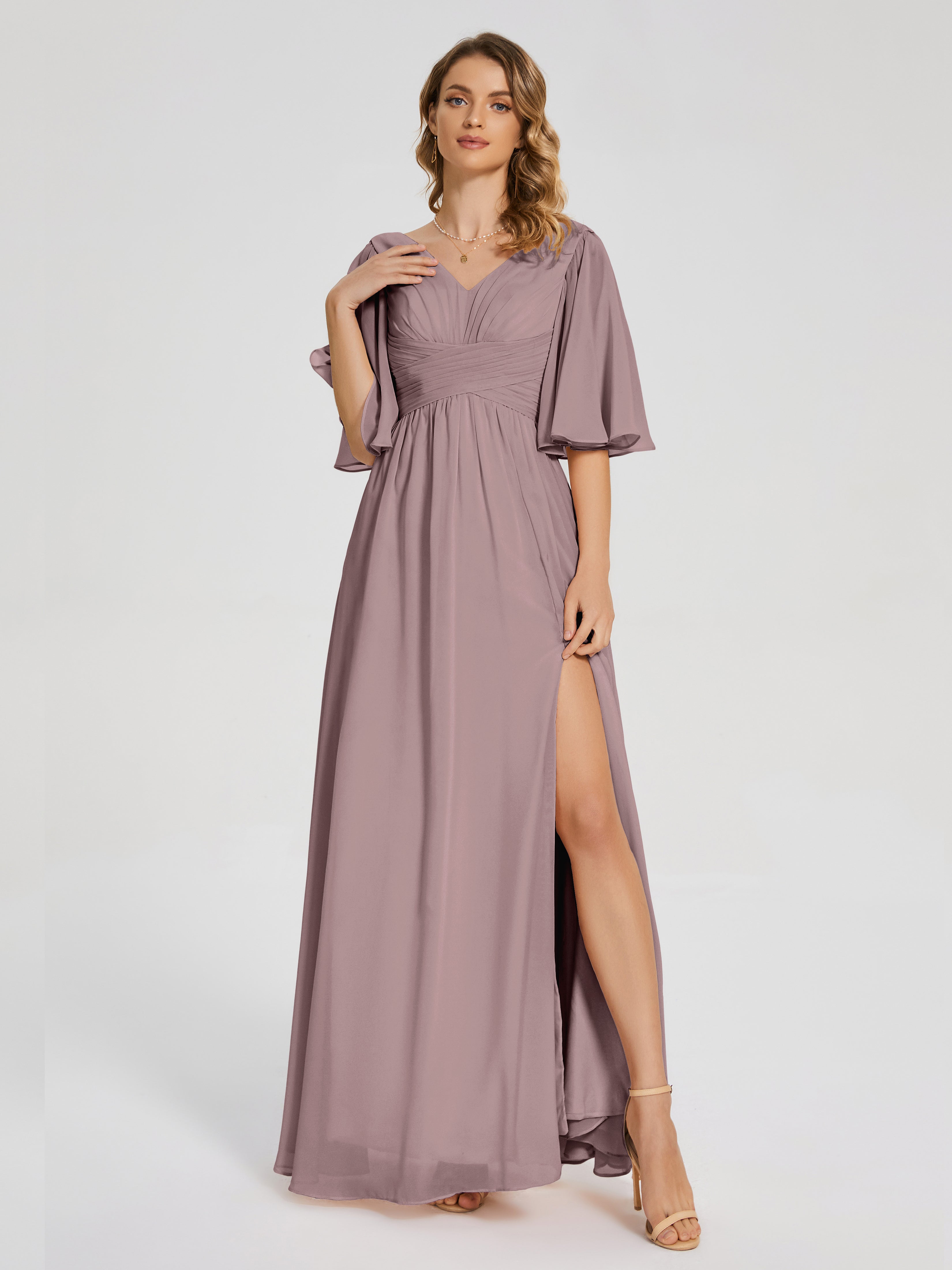 Vintage Mauve Bridesmaid Dresses Amina Modest Half Sleeves Chiffon Bri
