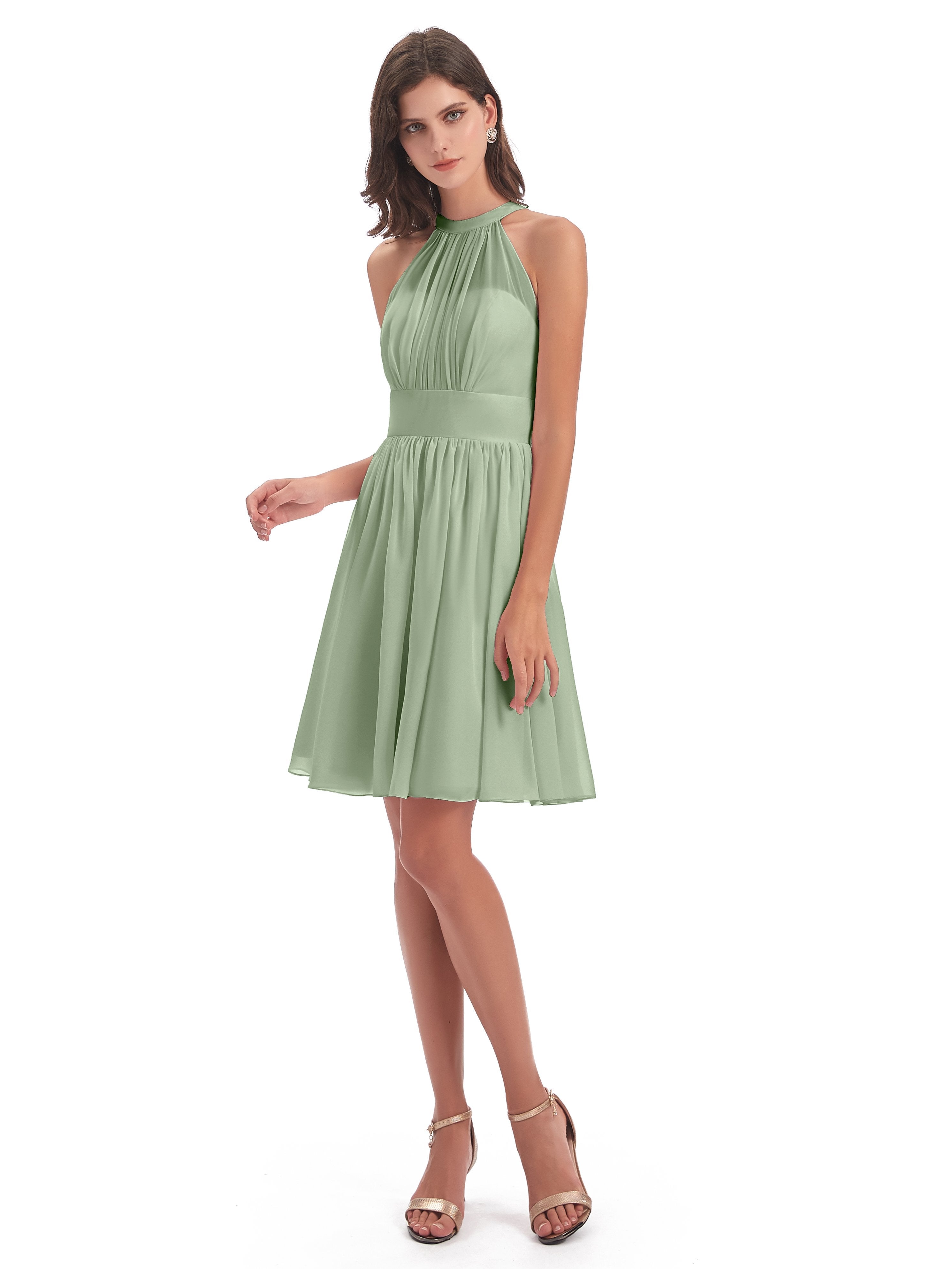 Dusty Sage Bridesmaid Dresses Tegan Dazzling Halter Mini Chiffon Bride