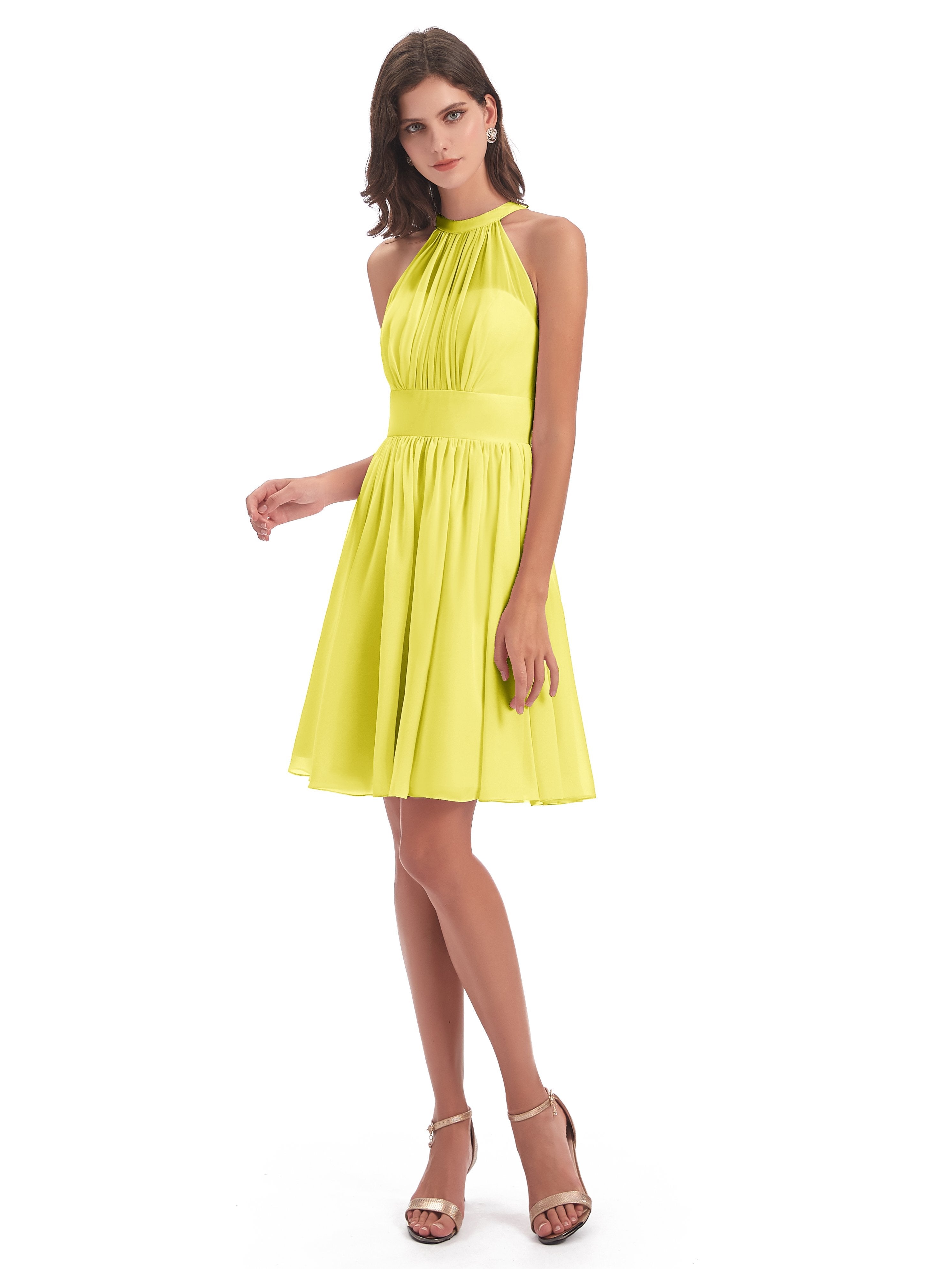 Short Lemon Bridesmaid Dresses Tegan Dazzling Halter Mini Chiffon Brid