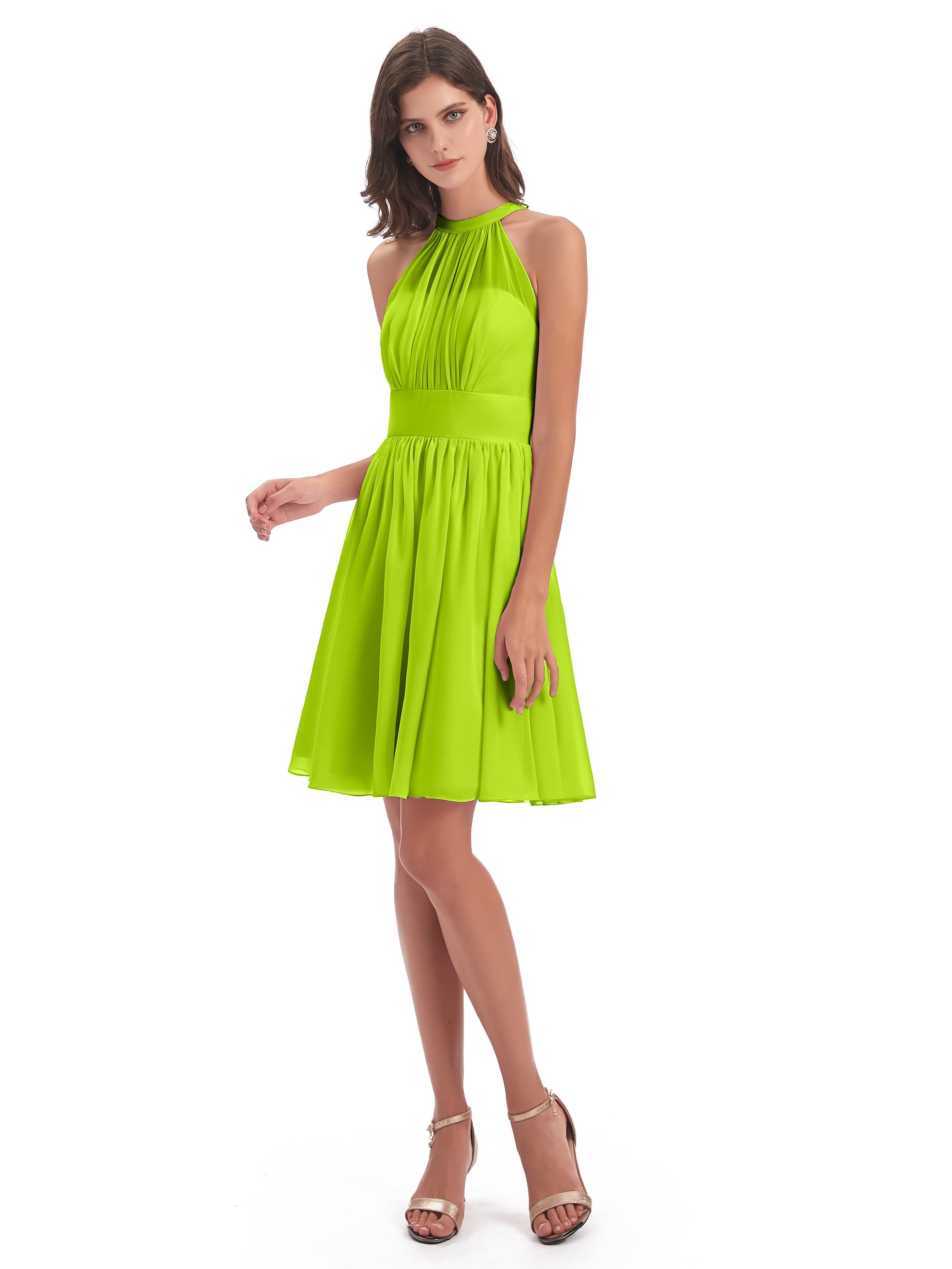 Short Lime Green Bridesmaid Dresses Tegan Dazzling Halter Mini Chiffon
