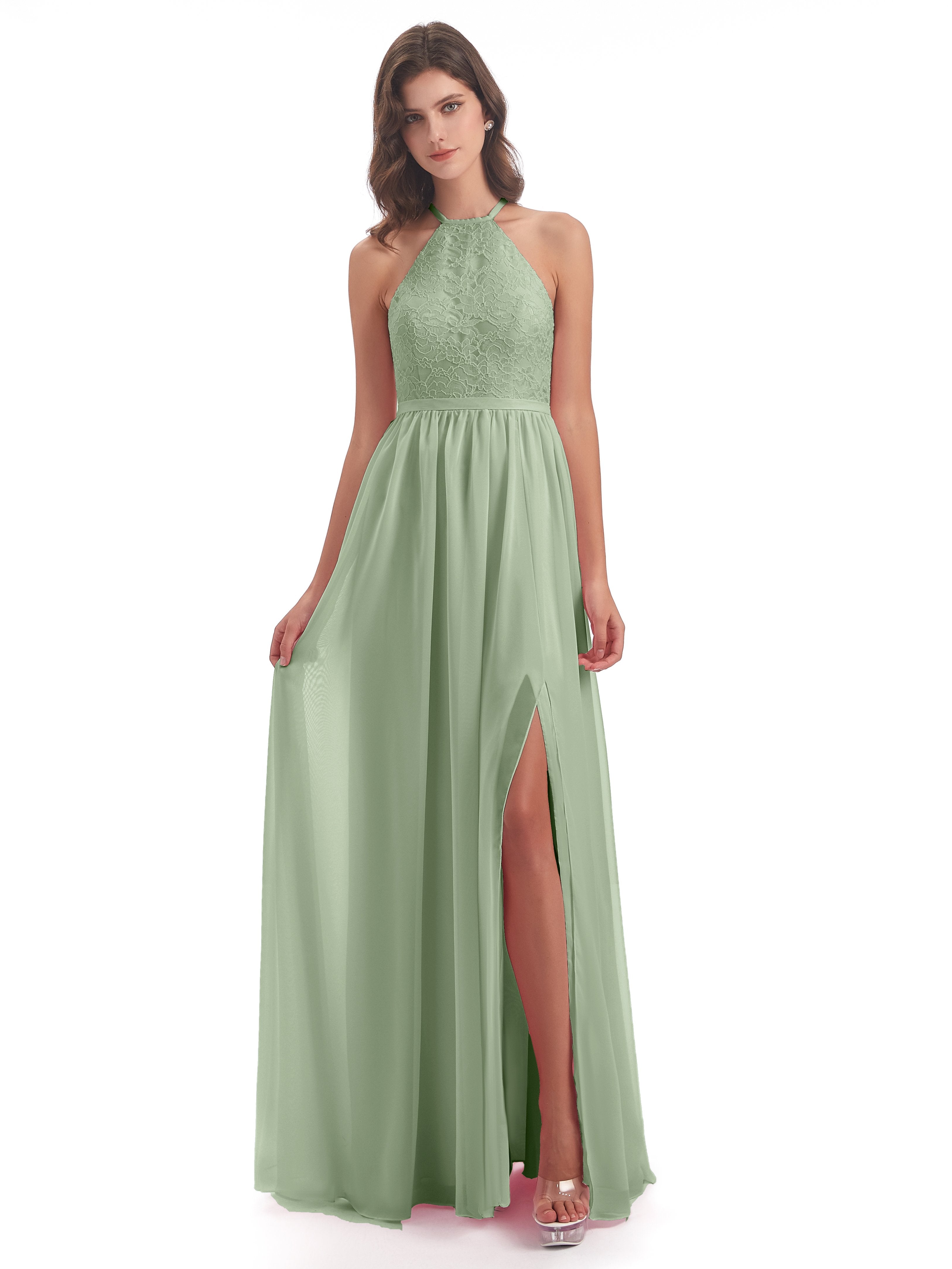 Wedding Dusty Sage Green Bridesmaid Dresses Harper Fashion Halter Spli