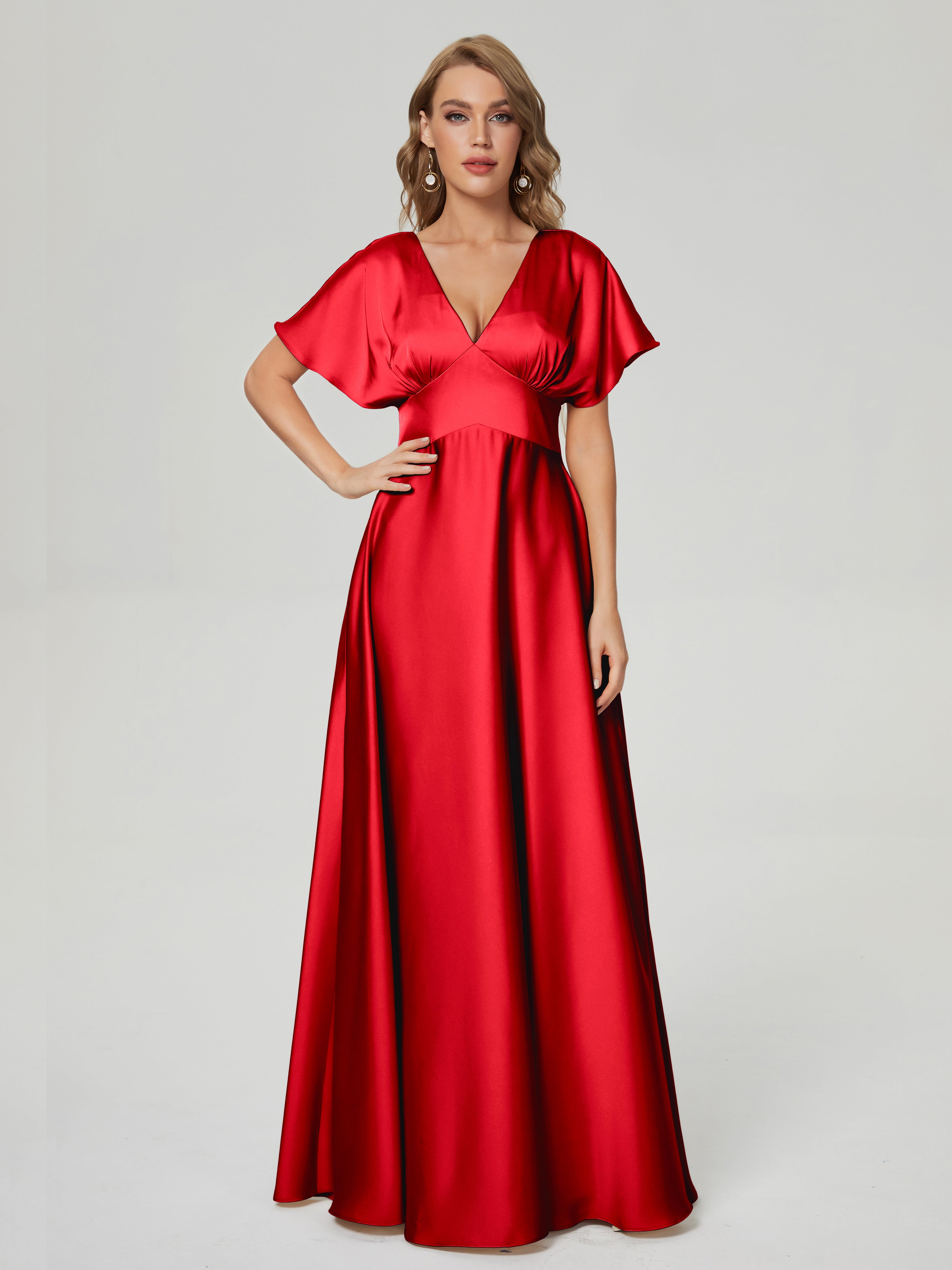 Cherry Red Bridesmaid Dresses Ariah Modest V Neck Short Sleeves Soft S Cherry Red Bridesmaid Dresses Ariah Modest V Neck Short Sleeves Soft S