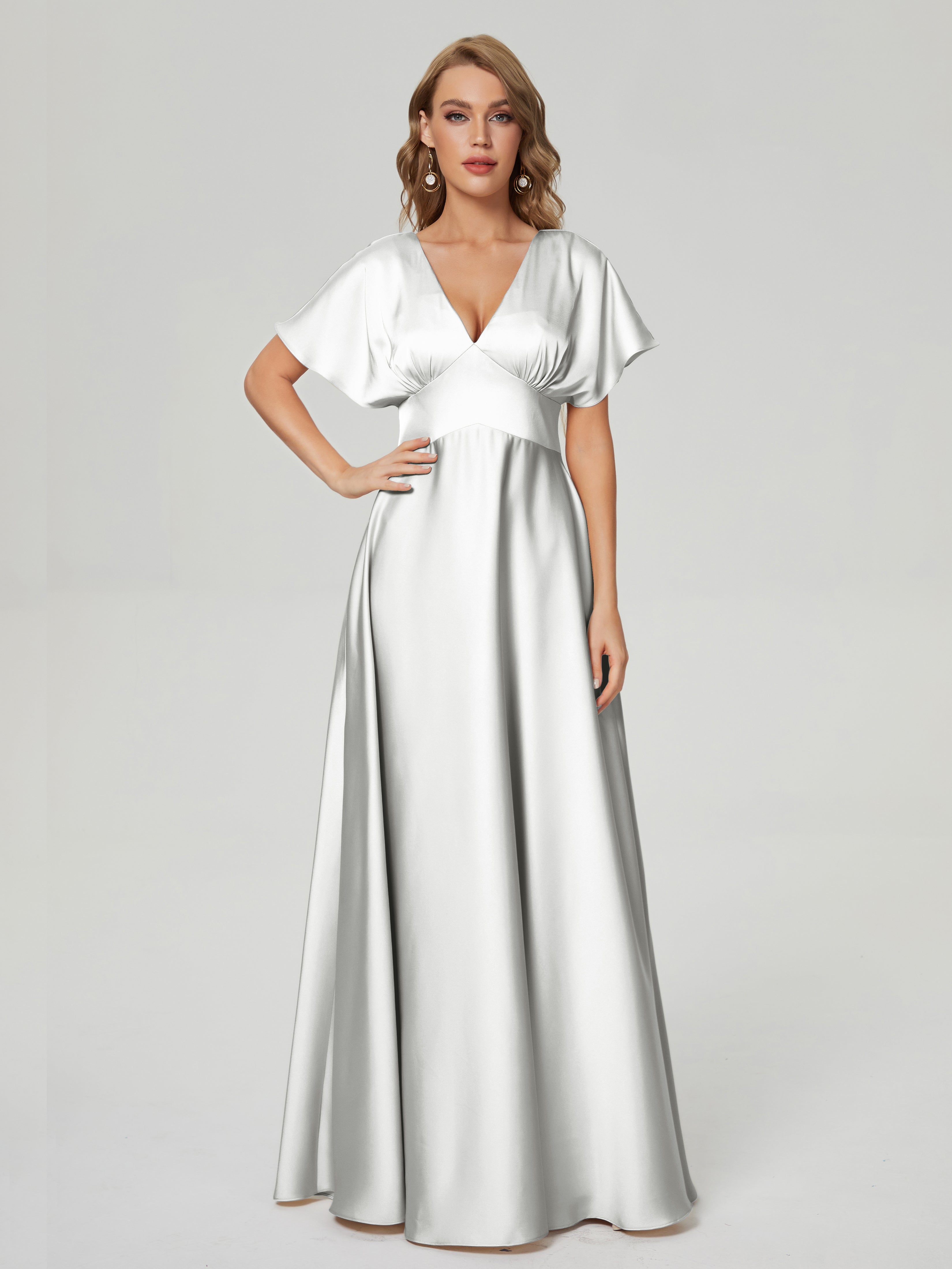 Ivory Bridesmaid Dresses Ariah Modest V Neck Short Sleeves Soft Satin