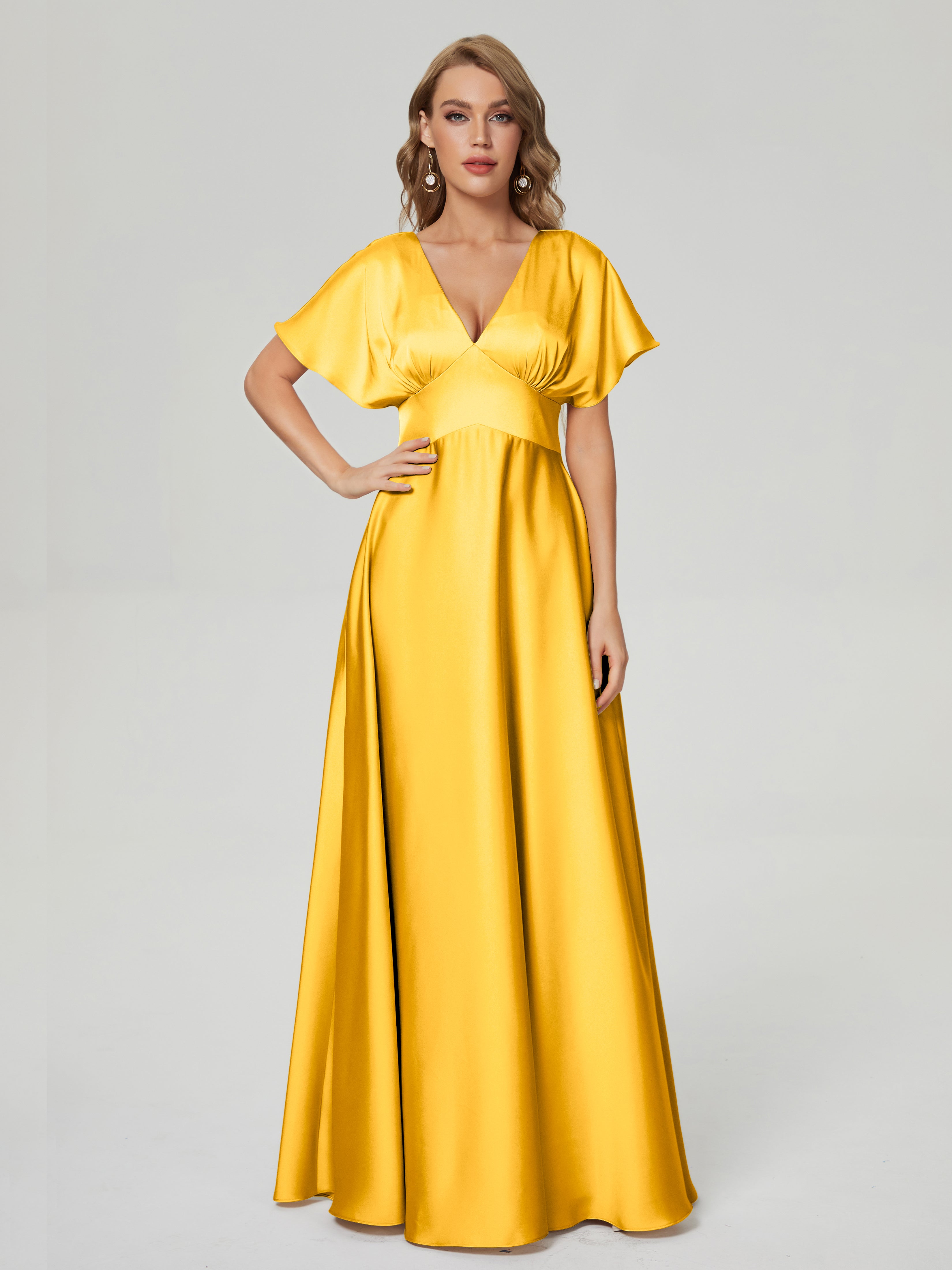 Marigold Bridesmaid Dress Ariah Modest V Neck Short Sleeves Soft Satin Marigold Bridesmaid Dress Ariah Modest V Neck Short Sleeves Soft Satin