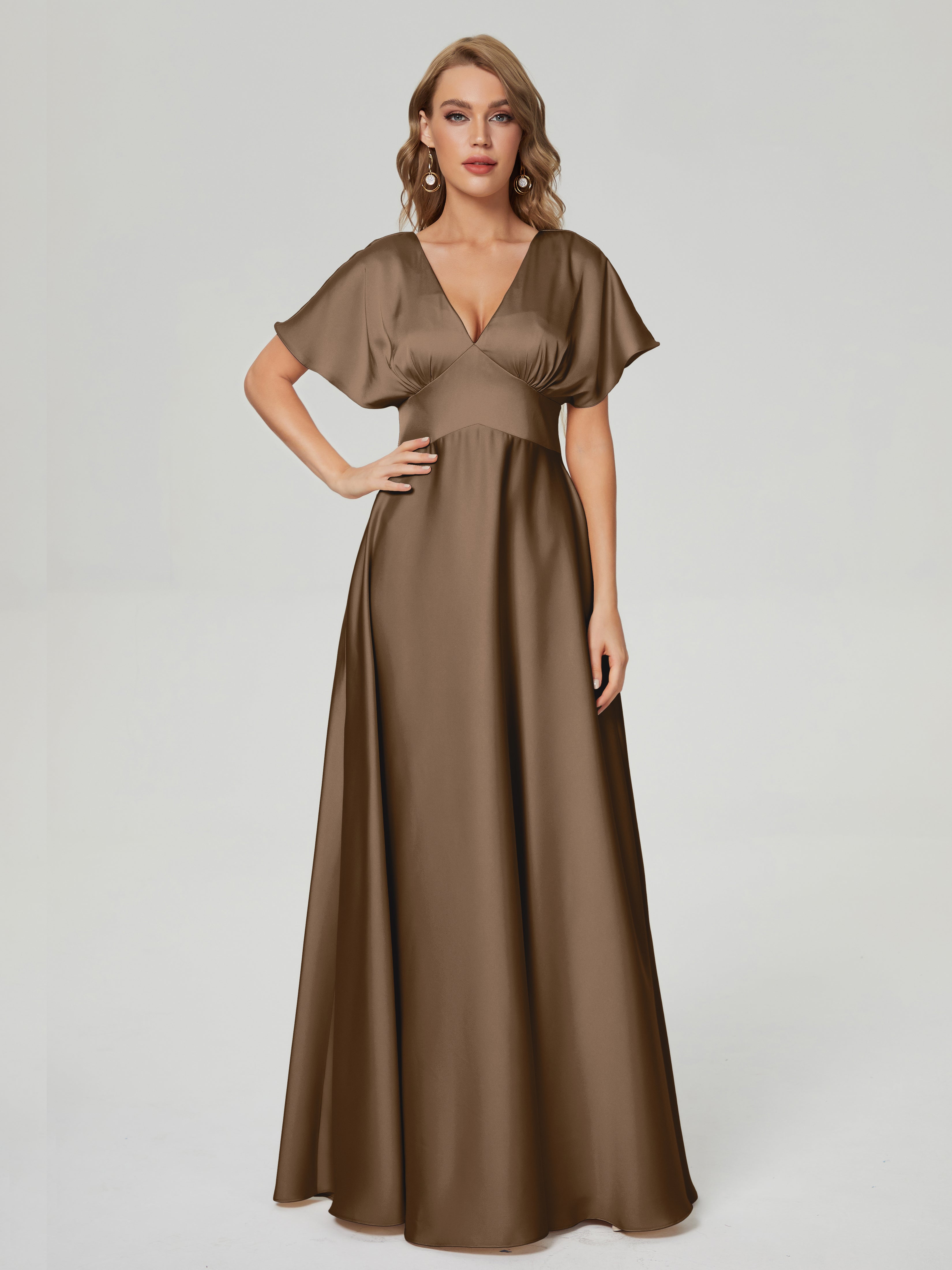 Mocha Bridesmaid Dresses Ariah Modest V Neck Short Sleeves Soft Satin Mocha Bridesmaid Dresses Ariah Modest V Neck Short Sleeves Soft Satin