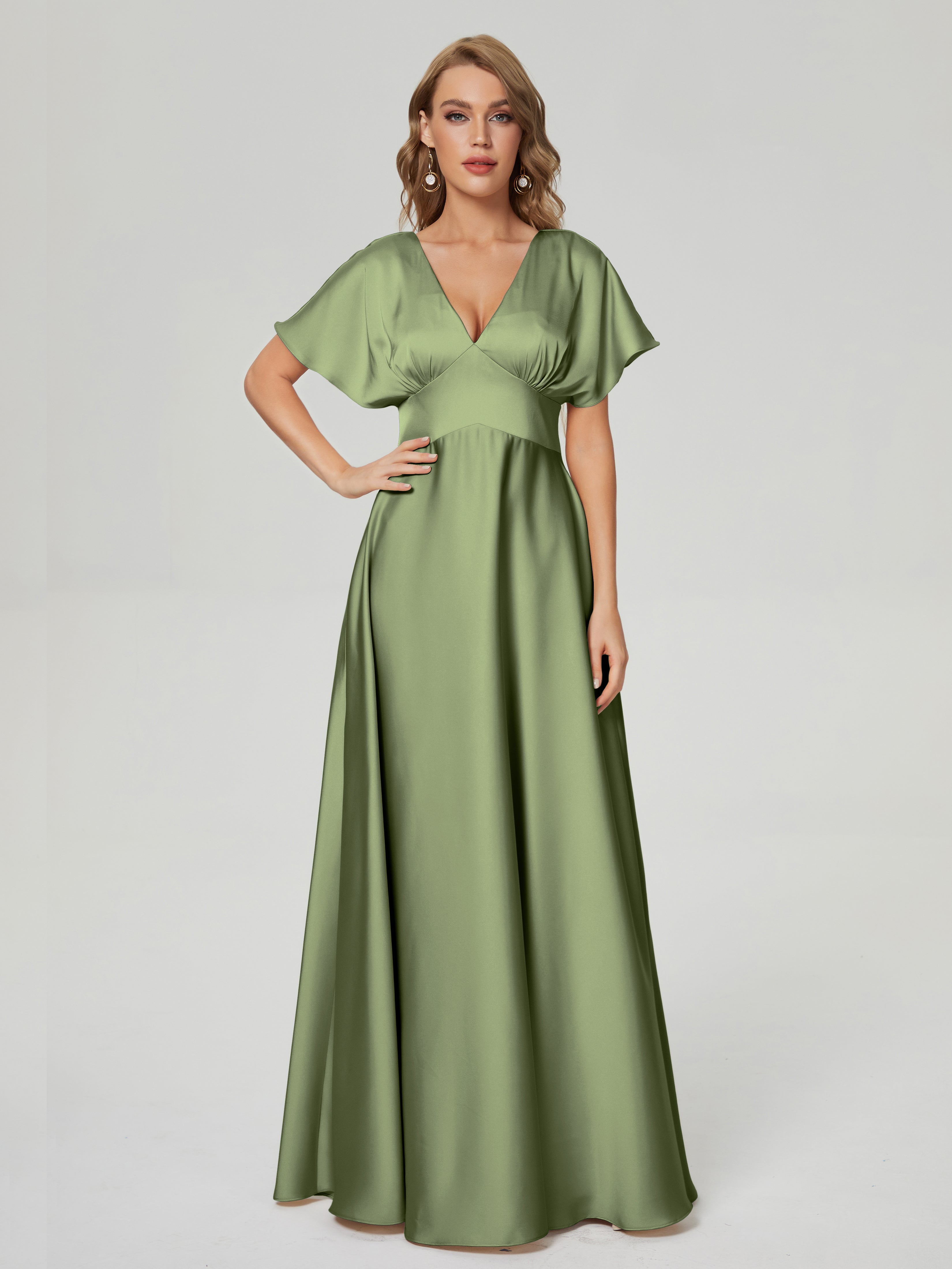 Olive Green Bridesmaid Dresses Ariah Modest V Neck Short Sleeves Soft Olive Green Bridesmaid Dresses Ariah Modest V Neck Short Sleeves Soft