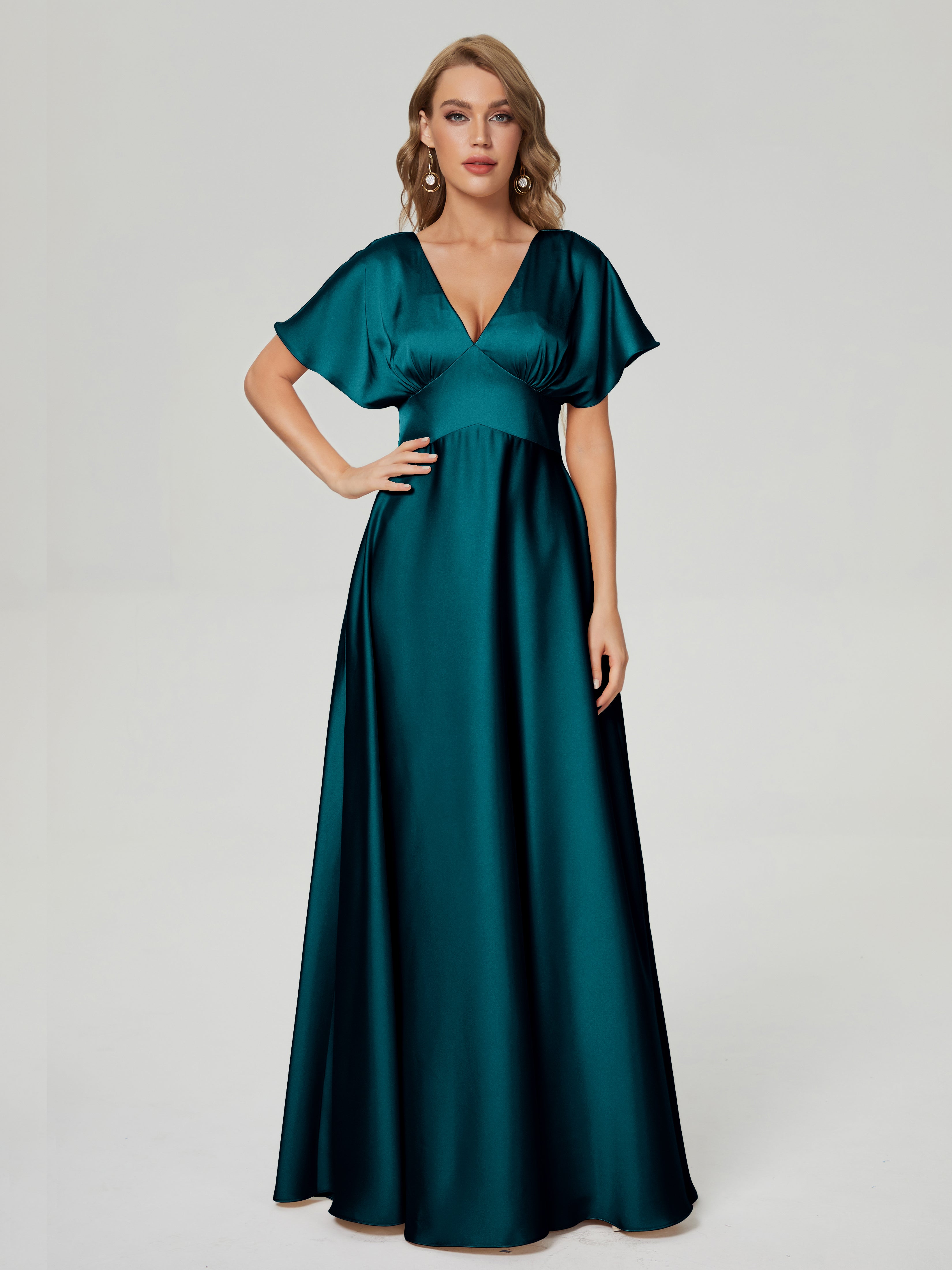 Peacock Bridesmaid Dresses Ariah Modest V Neck Short Sleeves Soft Sati Peacock Bridesmaid Dresses Ariah Modest V Neck Short Sleeves Soft Sati