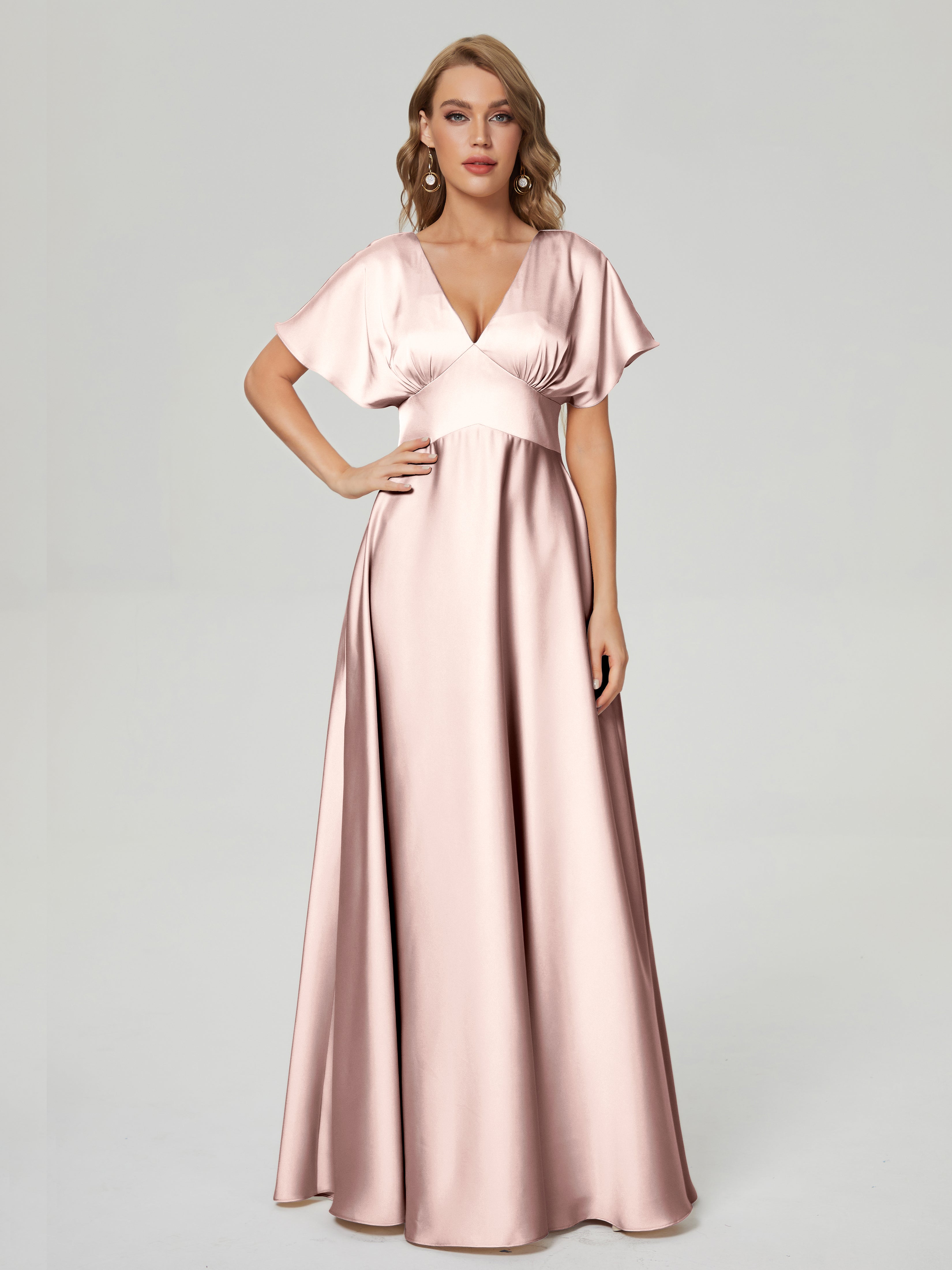Pearl Pink Bridesmaid Dresses Ariah Modest V Neck Short Sleeves Soft S Pearl Pink Bridesmaid Dresses Ariah Modest V Neck Short Sleeves Soft S