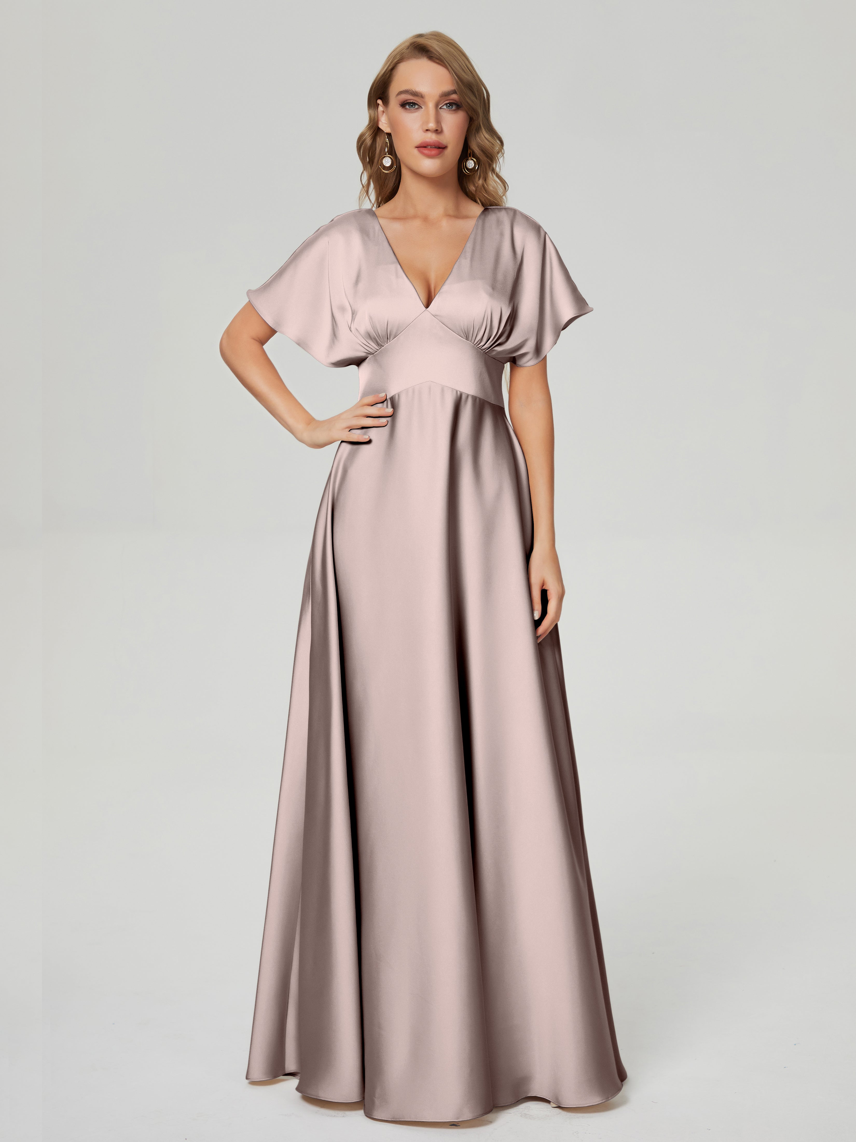 Taupe Bridesmaid Dresses Ariah Modest V Neck Short Sleeves Soft Satin Taupe Bridesmaid Dresses Ariah Modest V Neck Short Sleeves Soft Satin