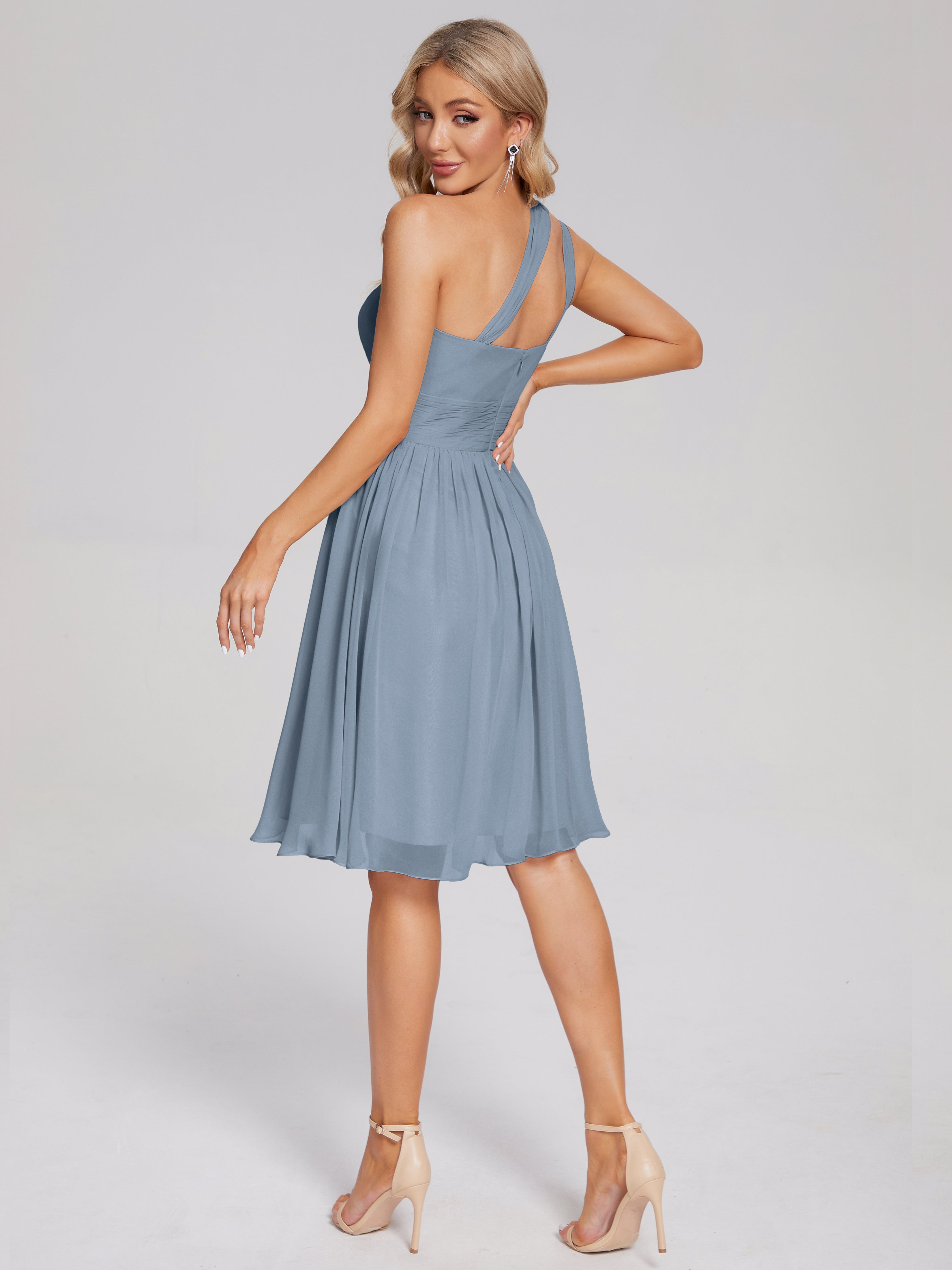 Chiffon Dress Dusty Blue Bridesmaid Dresses Short Bridesmaids Dresses Dusty Blue Arielle One-Shoulder Short Chiffon Brid