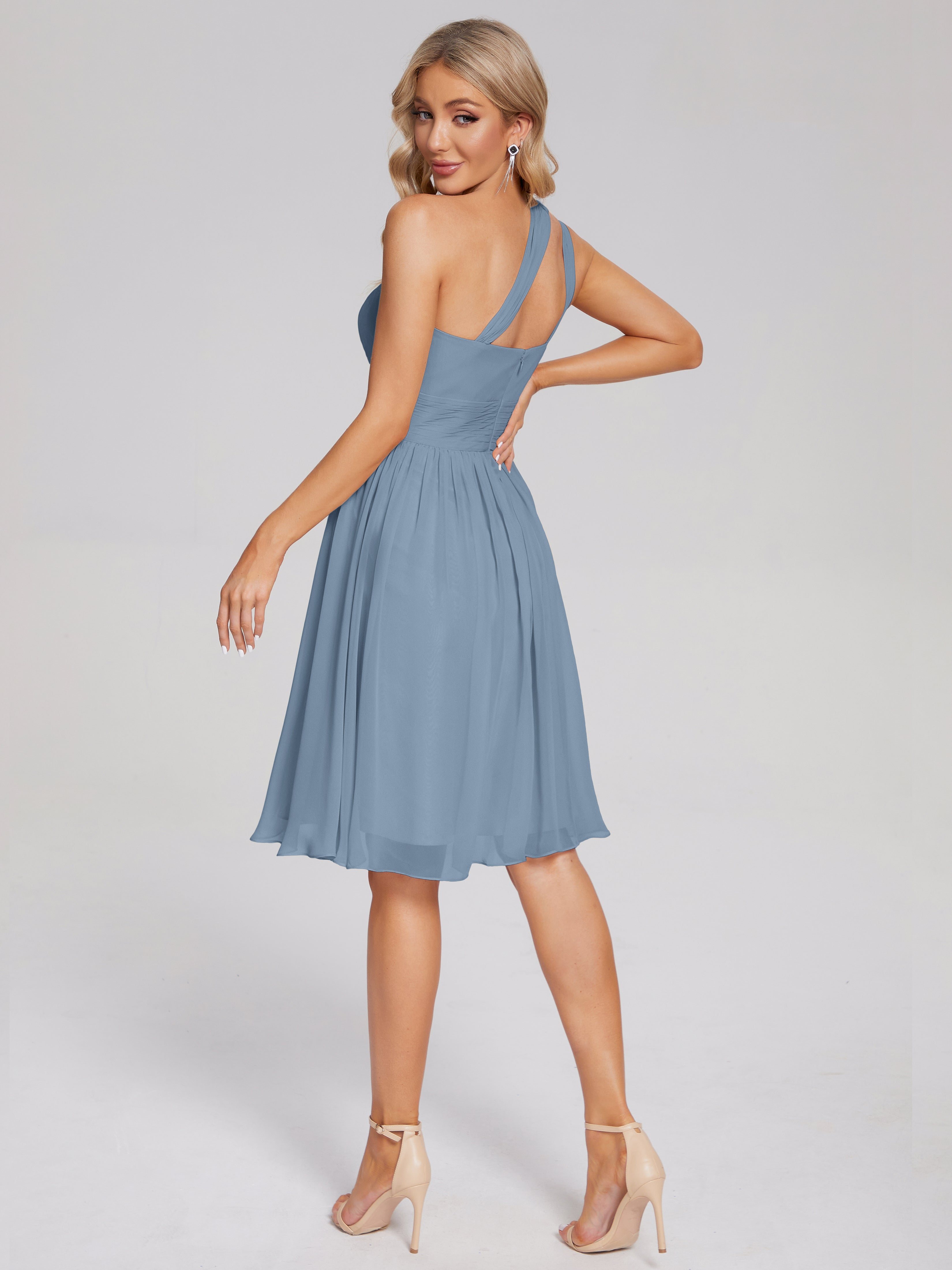 slate blue short bridesmaid dresses Arielle One-Shoulder Short Chiffon Size:J4 Davids Bridal Bridesmaid Dresses SL40-AUG-2025 Blue lace The combination of chiffon