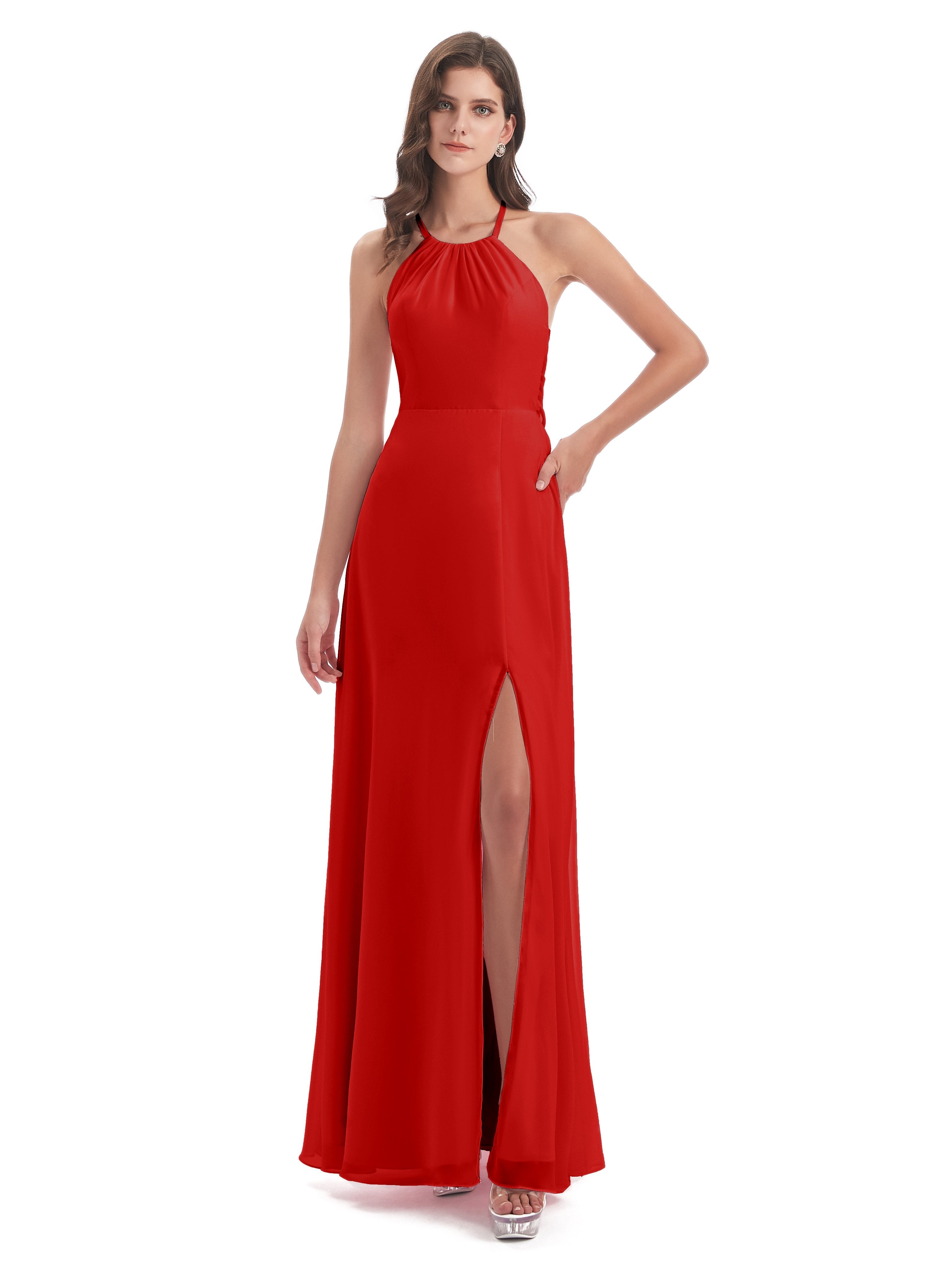 Red Long Bridesmaid Dresses Modern Chiffon Sheath-Column Halter Long B