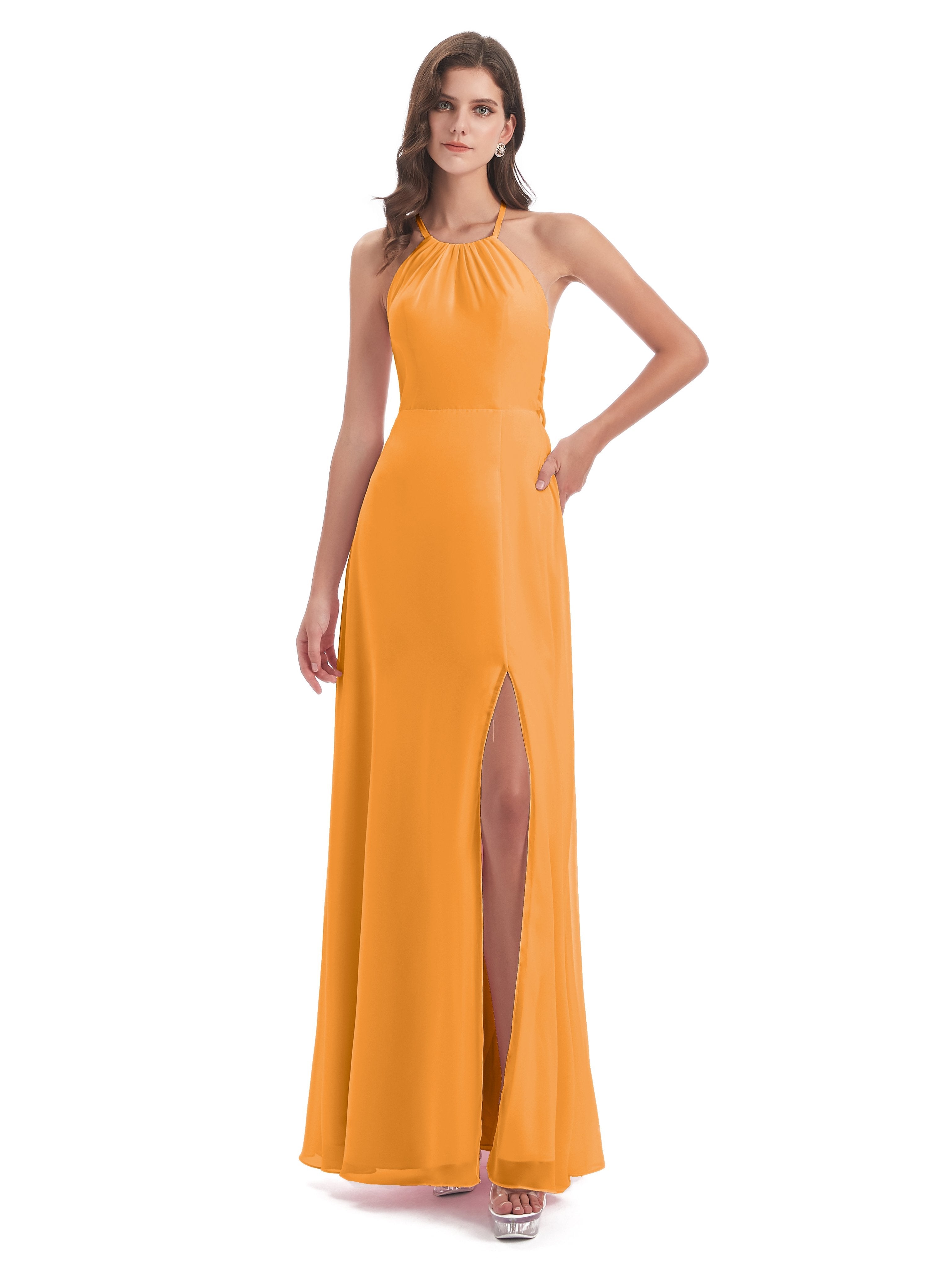 Tangerine Bridesmaids Dresses Modern Chiffon Sheath-Column Halter Long