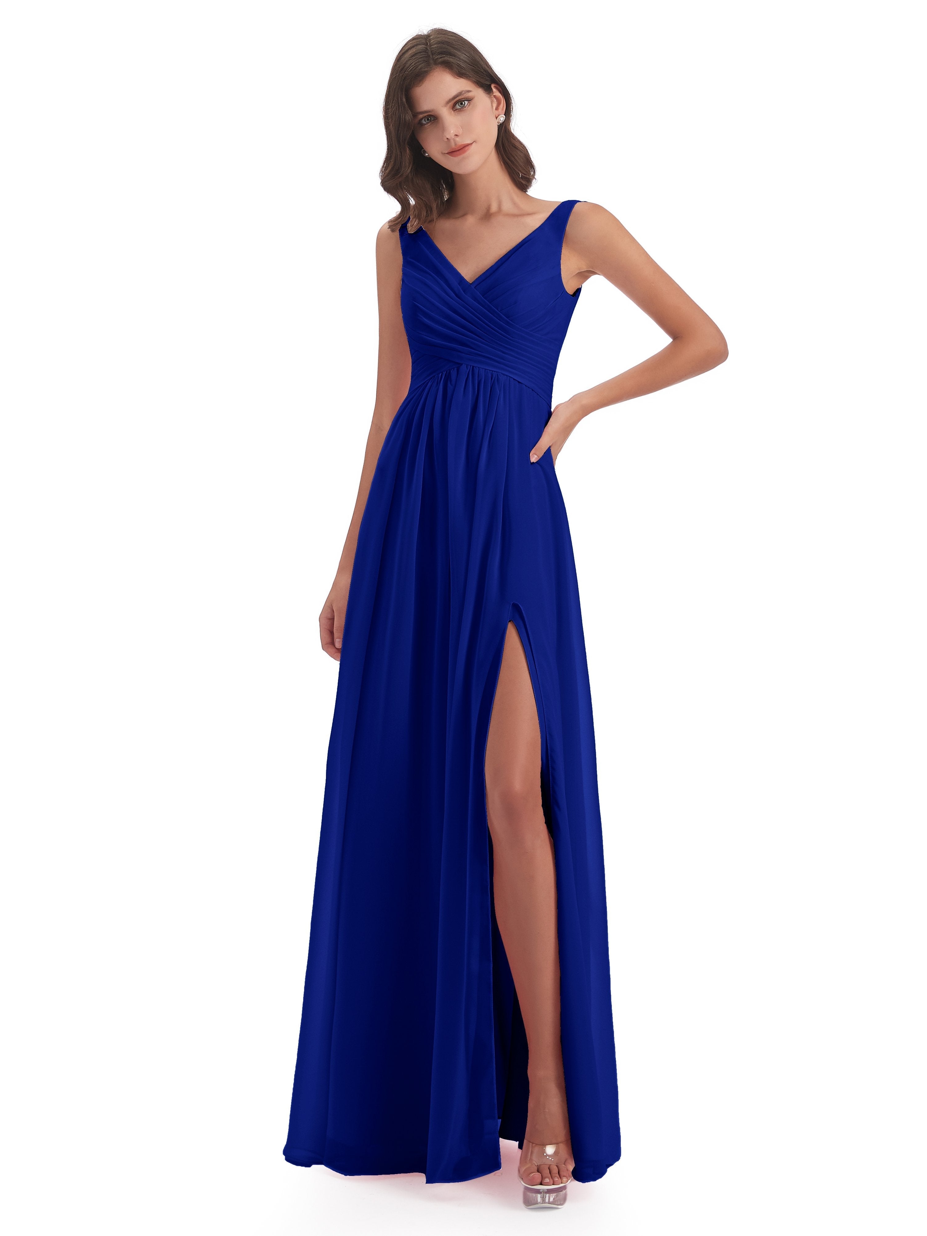 Bridesmaids Royal Blue Column Long Bridesmaid Dresses Chiffon V Neck T